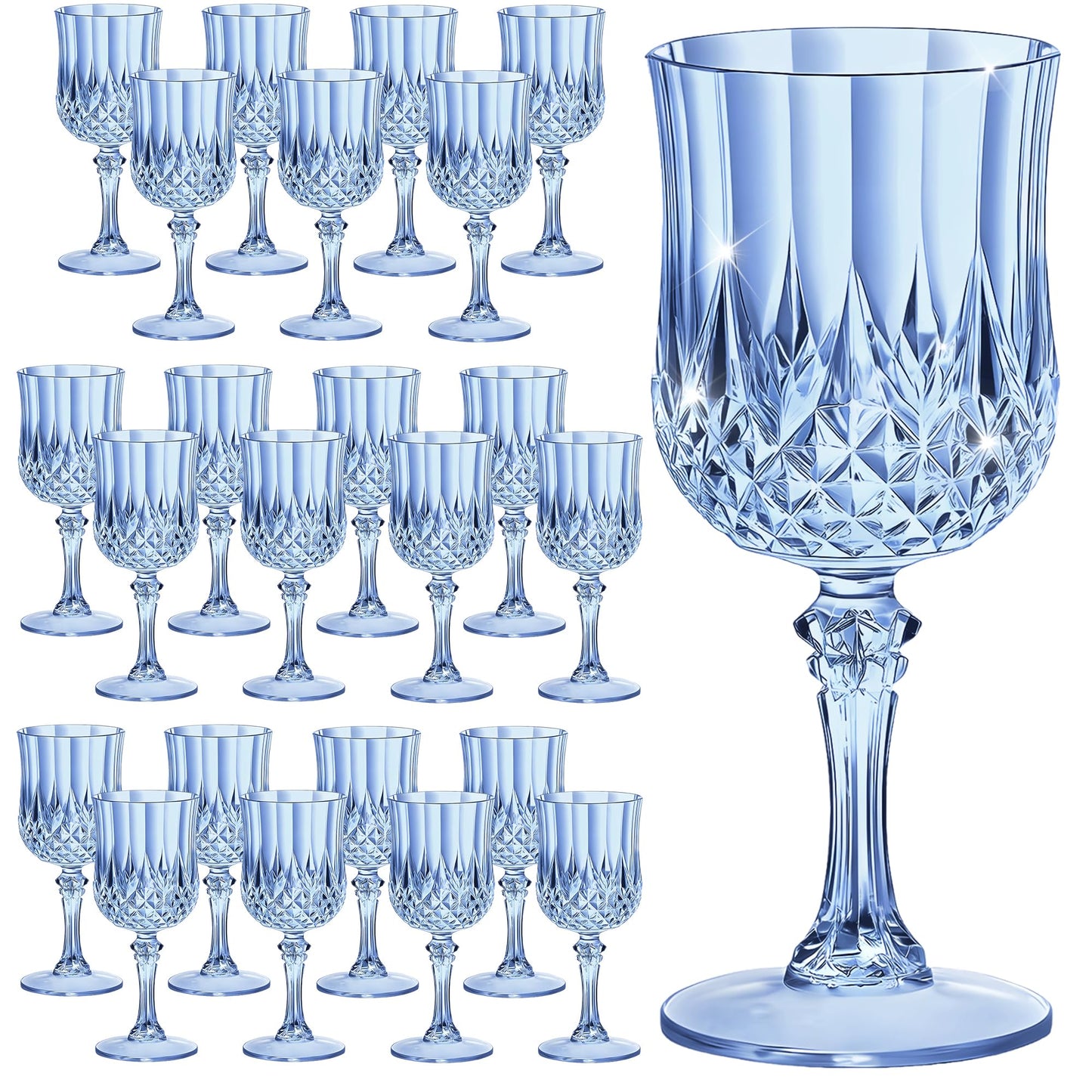 HTTBEIZI 7OZ Plastic Wine Glasses, Reusable Vintage Goblets Unbreakable Drinking Glasses Crystal Water Cups Champagne for Wedding, Parties, Mother's Day (24, Blue)