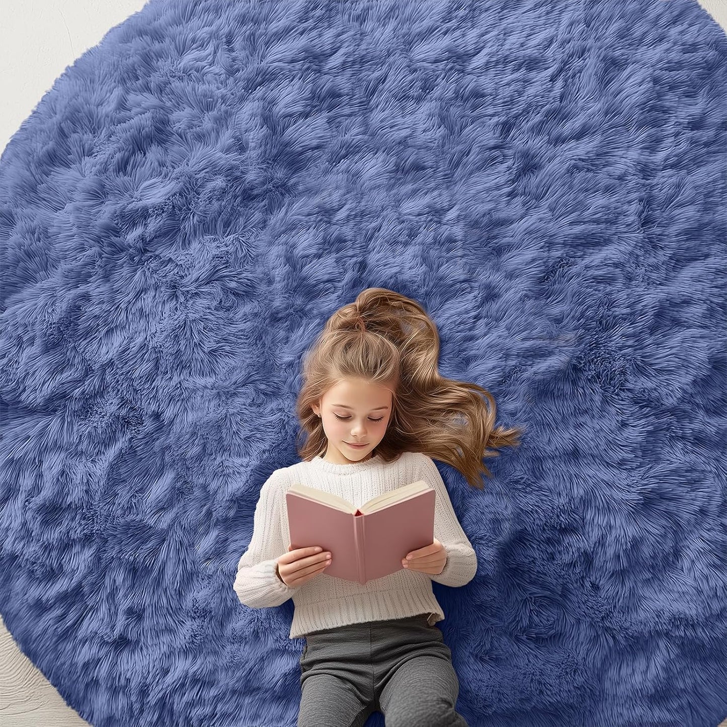 OLANLY Denim Blue Round Area Rug - Soft, Fluffy, Machine Washable 7 ft Circle Carpet for Bedroom & Living Room