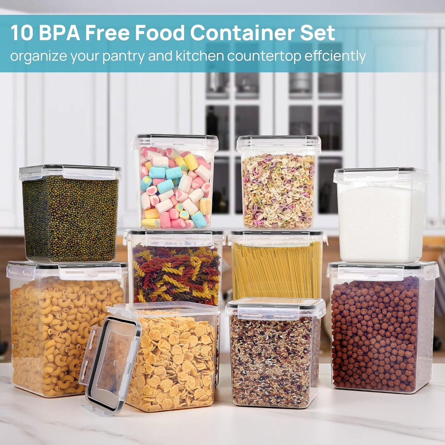 Vtopmart Airtight Food Canisters - 10 PCS Flour & Sugar Storage Containers, BPA-Free, Black