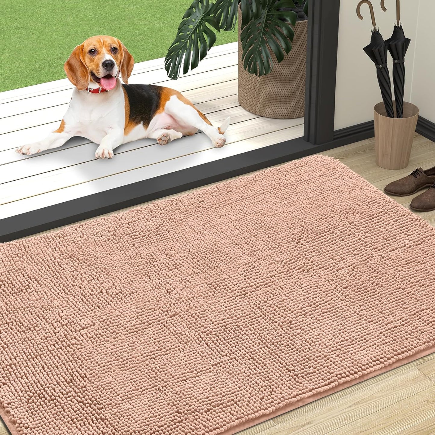 OLANLY Dog Door Mat - Absorbent Non-Slip Chenille Mat for Muddy Paws | Quick Dry, 47x32, Peach