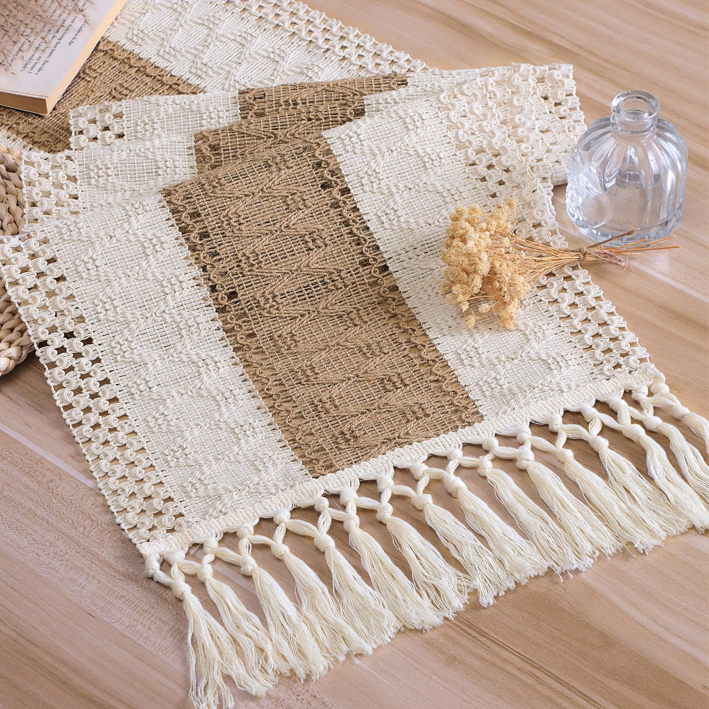 OTOSTAR Boho Table Runner with Tassels 60 Inches Long Farmhouse Rustic Table Runner Macrame Burlap Table Decoration for Home Decor Living Room Bridal Shower, Single Striped (12x60 Inches)