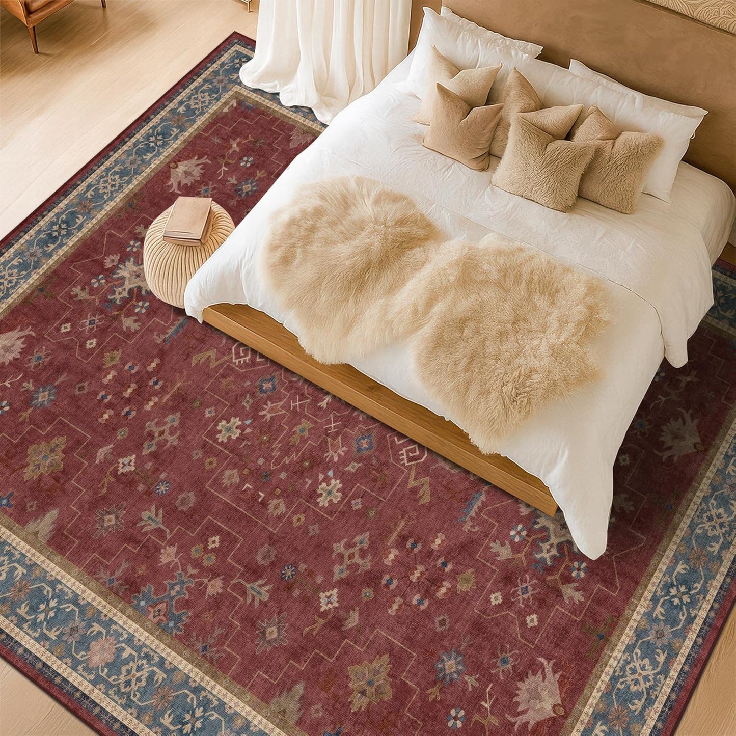 Regine Switzerland Vintage Burgundy 7x9 Dining Room Rug - Lightweight Washable Boho Carpet