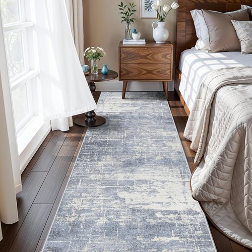 **Regine Switzerland Washable Runner Rug - Abstract Stain Resistant Design | 2x8 ft, Blue/Ivory**