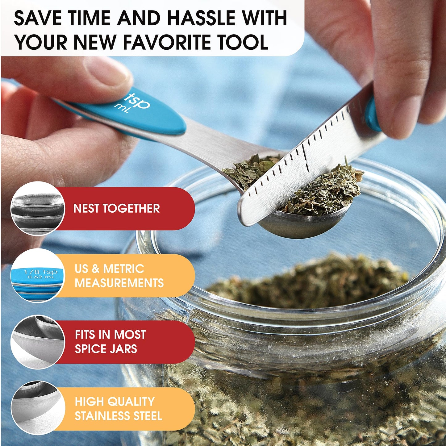 Spring Chef Stainless Steel Magnetic Measuring Spoons Set of 8 with Leveler, Nesting Teaspoon & Tablespoon Measuring Spoons for Dry and Liquid Ingredients, Kitchen Gadgets for Baking & Cooking - Teal