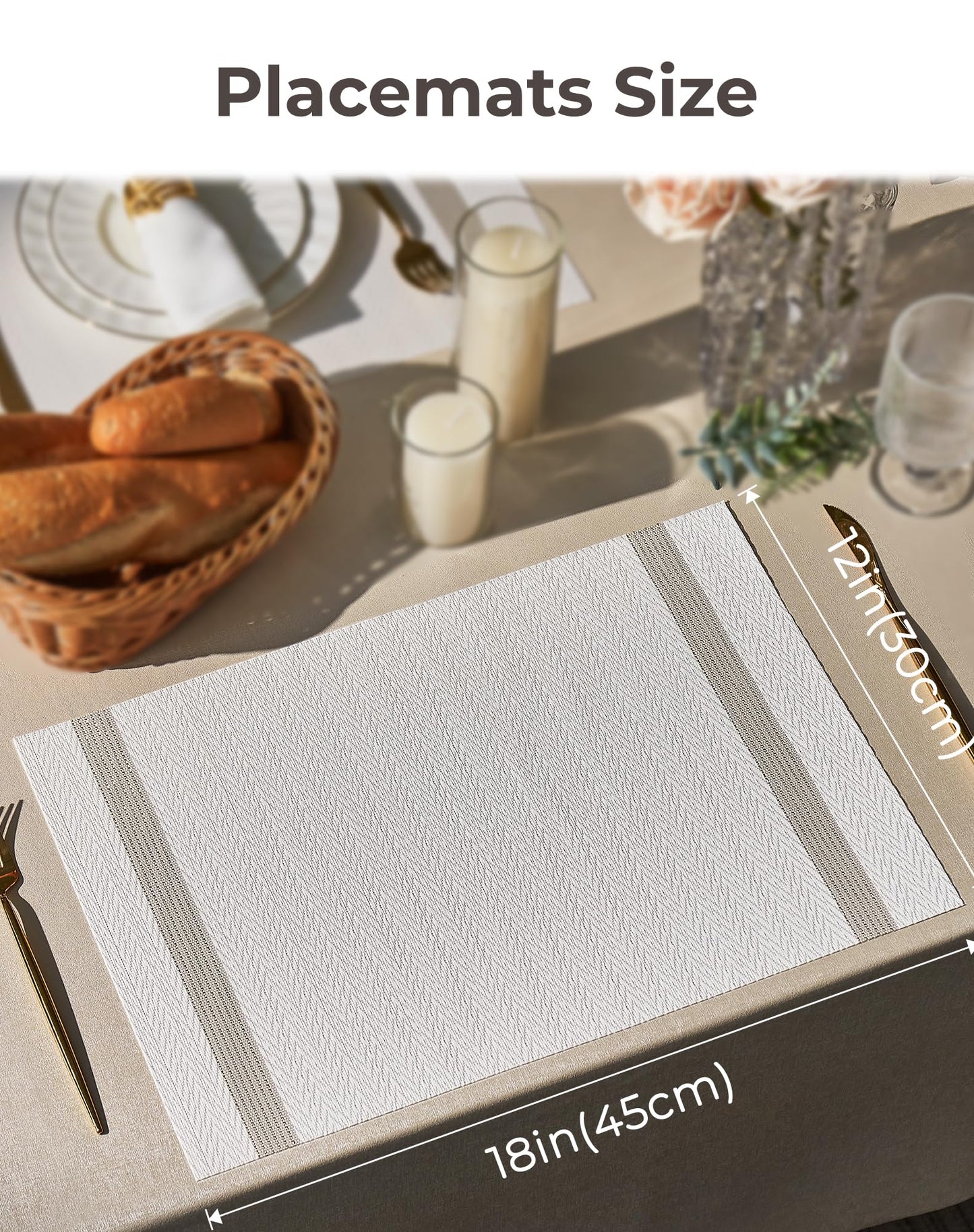 Leetaltree Sparkling White Vinyl Woven Placemats Set of 4 - Washable Dining Table Placemats Striped, Suitable for Wedding, Anniversary, Daily Use - Sparkling Table Decor