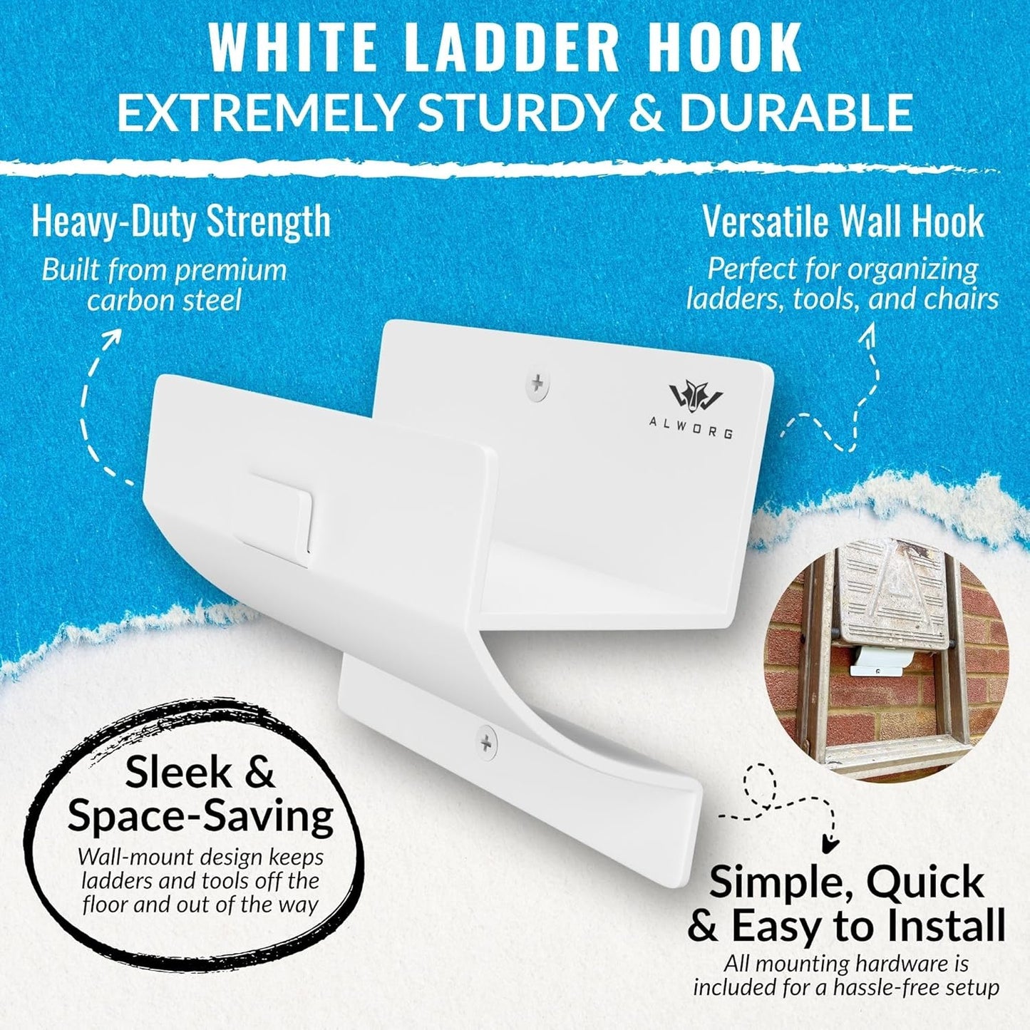 White Ladder Hooks - Wall-Mounted Step Ladder Holder for Garage | Space-Saving Design