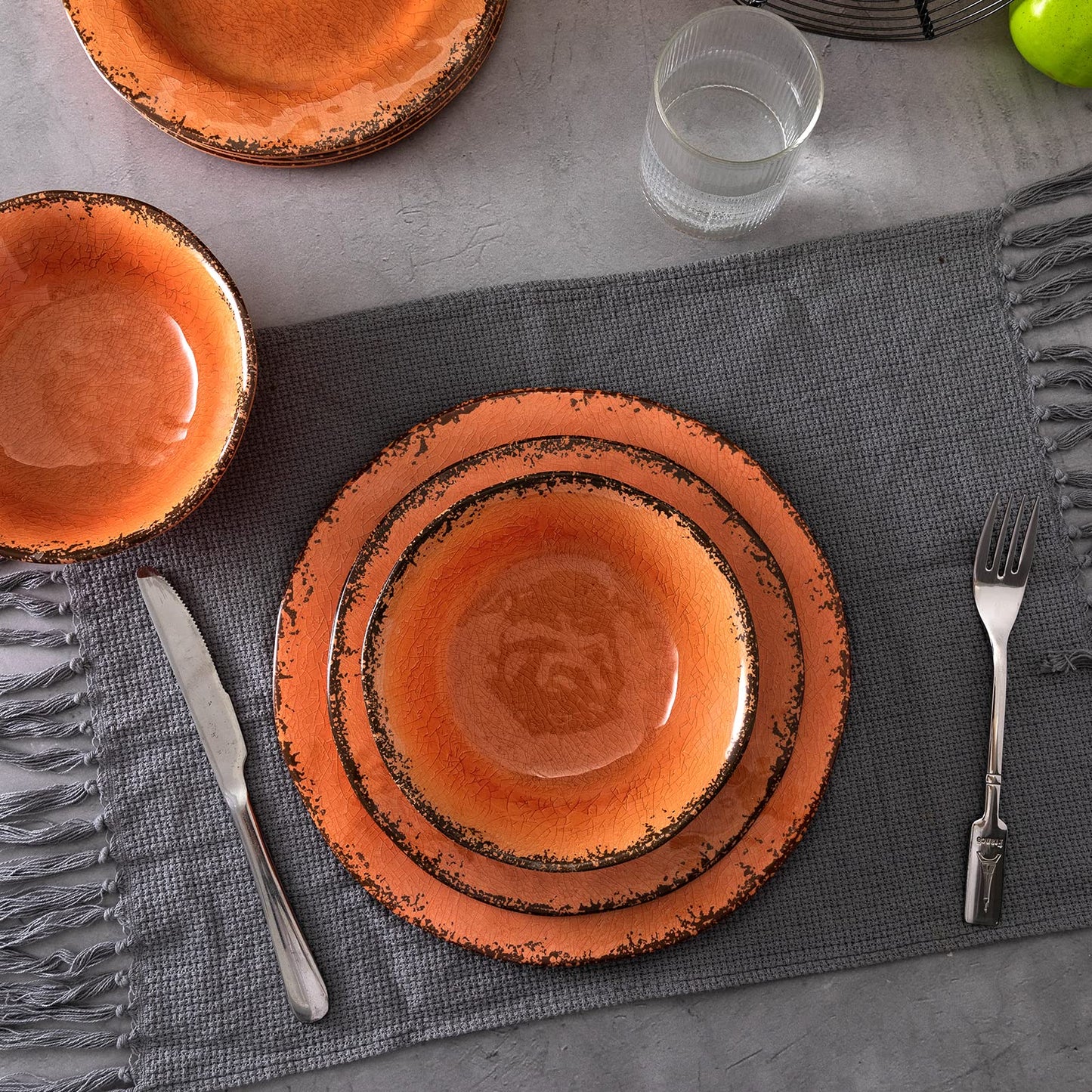 LEHAHA Melamine Salad/Dessert Plates, Crackled Design Plates Set of 6, 9 inch Small Dinner Plates, Modern Rustic Kitchen Serving Dishes for Party, Picnic and Camping Use, Orange