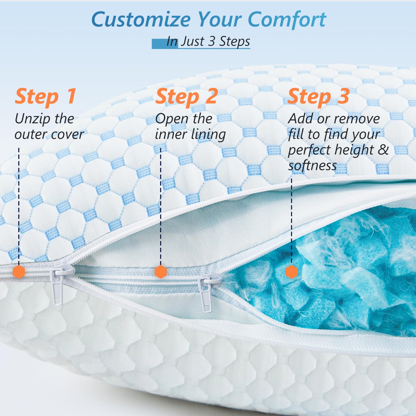 UYWO Cooling Firm Bed Pillows Set of 2, Shredded Memory Foam Pillows for Sleeping Luxury Gel Pillows for Side Back Stomach Sleepers with Removable Washable Cover(Blue, King(U.S. Standard))