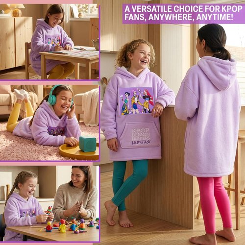 Huntrix KPop Demon Hunters Fleece Wearable Blanket Hoodie - Officially Licensed for Girls 6-14 Yrs