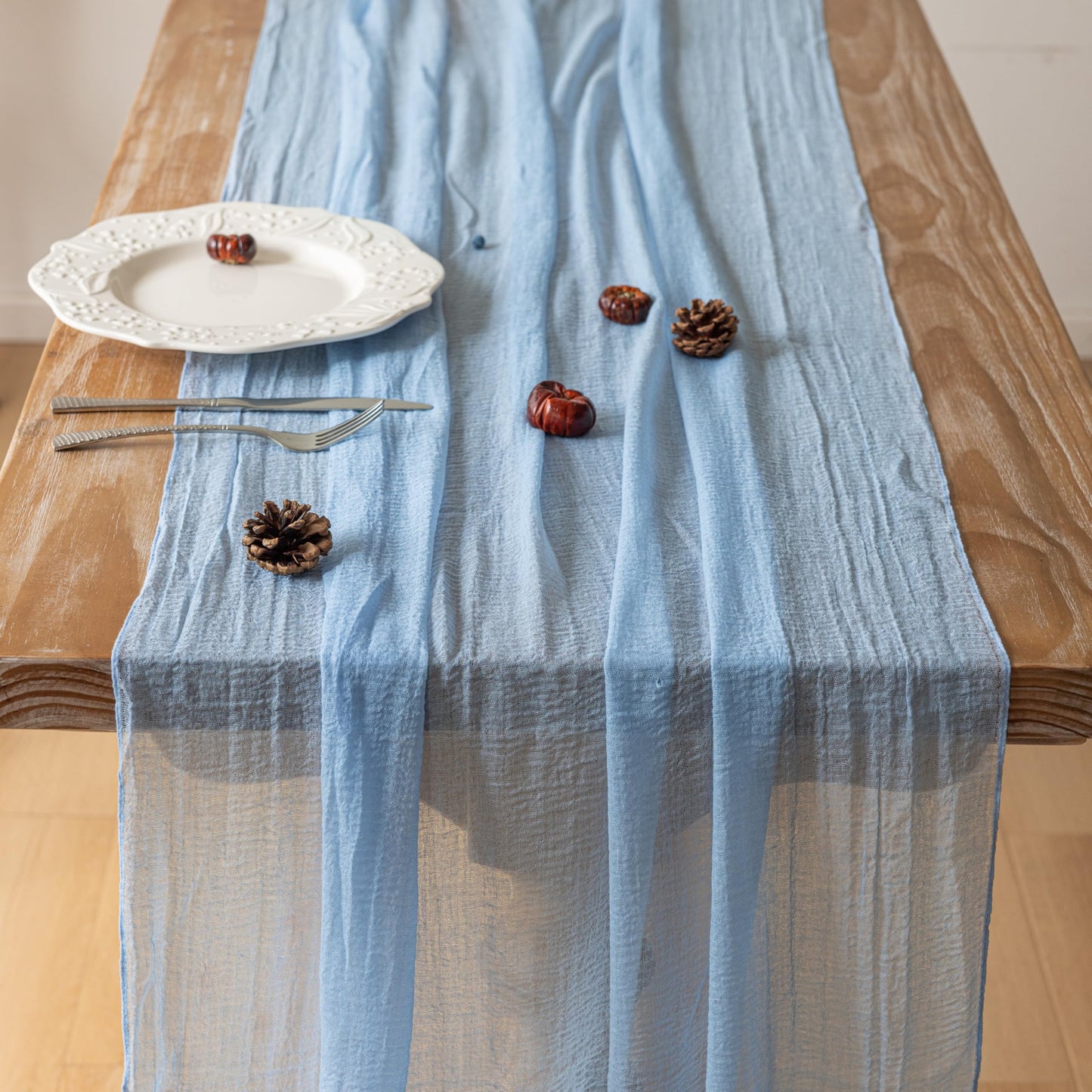 Keketoarrange 3pcs Light Blue Gauze Rustic Cheesecloth Table Runner 120 Inch 10 FT for Wedding Baby Shower Bridal Shower Birthday Engagement Garden Outdoor Party Long Sheer Boho Decorations