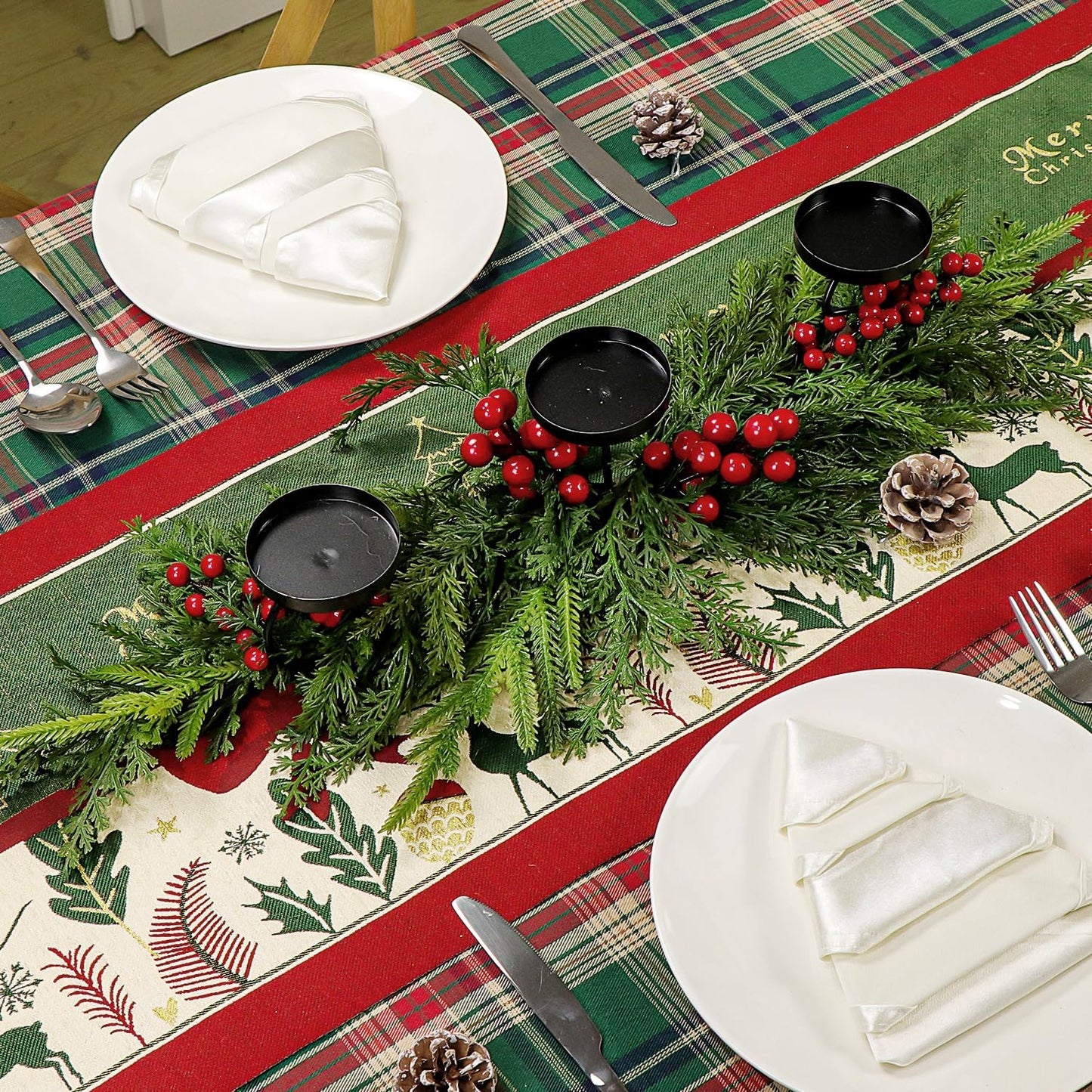 Regine Switzerland Rustic Christmas Candle Holder - 3 Tray Design with Norfolk Pine & Red Berries | 40cm Holiday Centerpiece