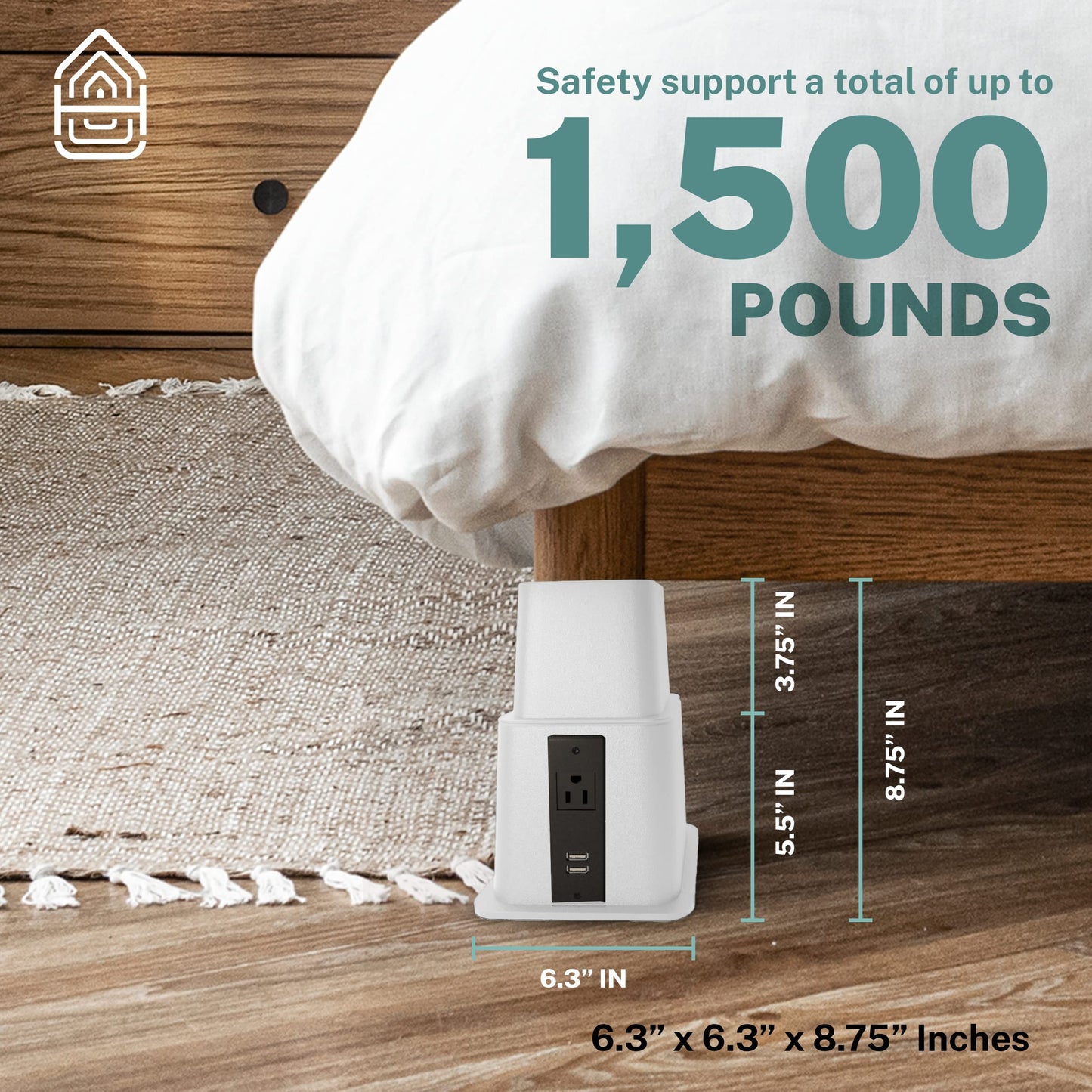 Home Intuition Heavy Duty Adjustable Bed Risers Furniture Riser 3, 5 or 8-Inch, 2 Pack, 16 Pieces Set (White W/USB)