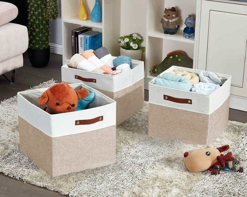 DECOMOMO Kallax Storage Cubes - 13x15x13 Organizing Bins in Beige and White | 3-Pack for Easy Shelving