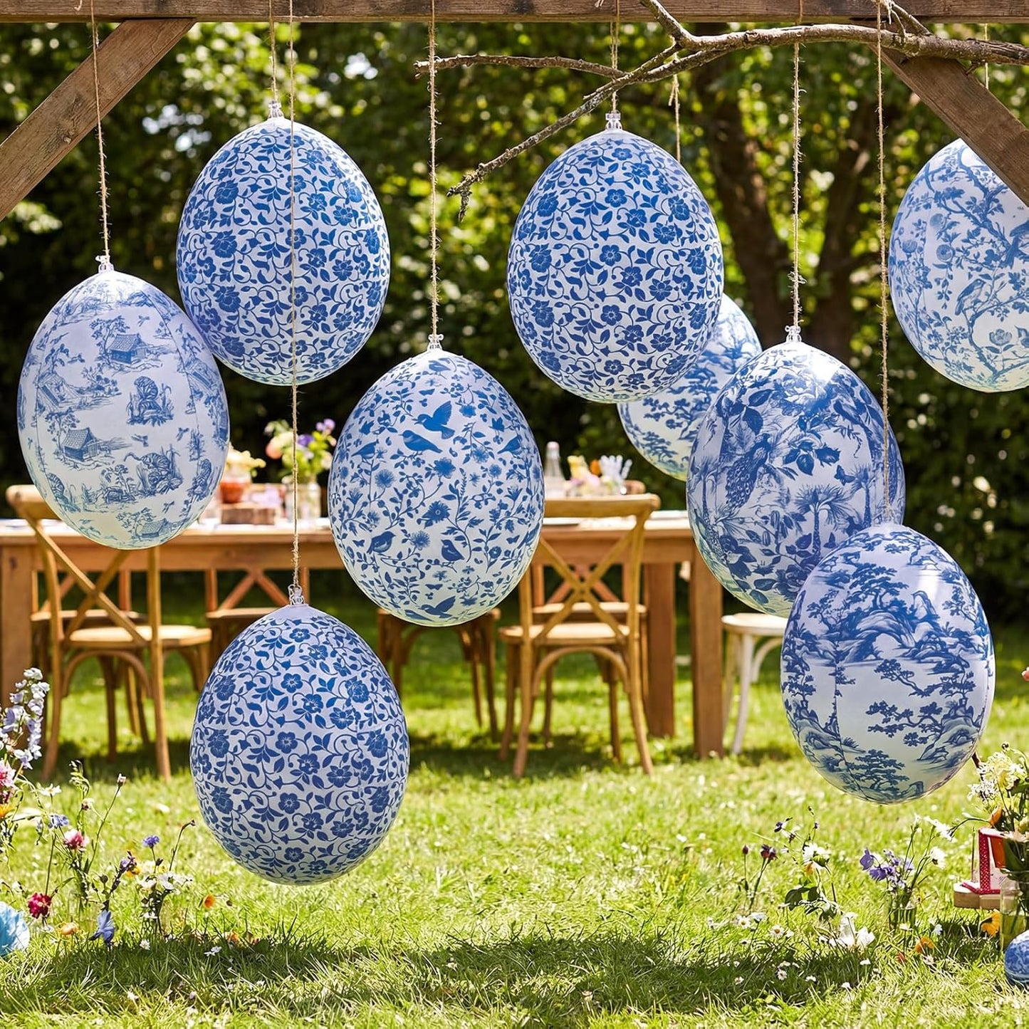 Realspring Inflatable Easter Eggs - 12 Pcs Blue & White Chinoiserie Decor | Large Outdoor Ornaments