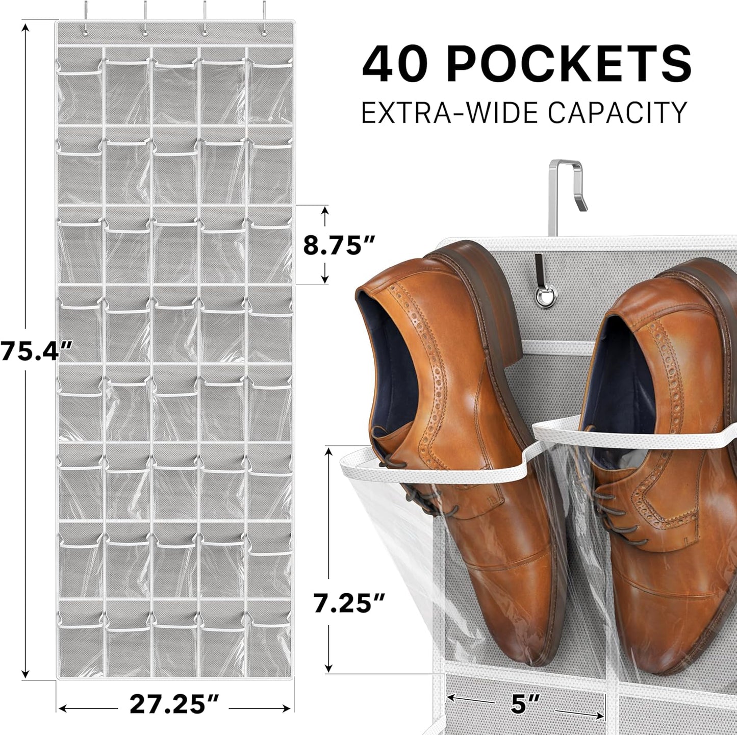 Simple Houseware Over The Door Shoe Organizer - 40 Large Clear Pockets, Gray (75.4" x 27.25")