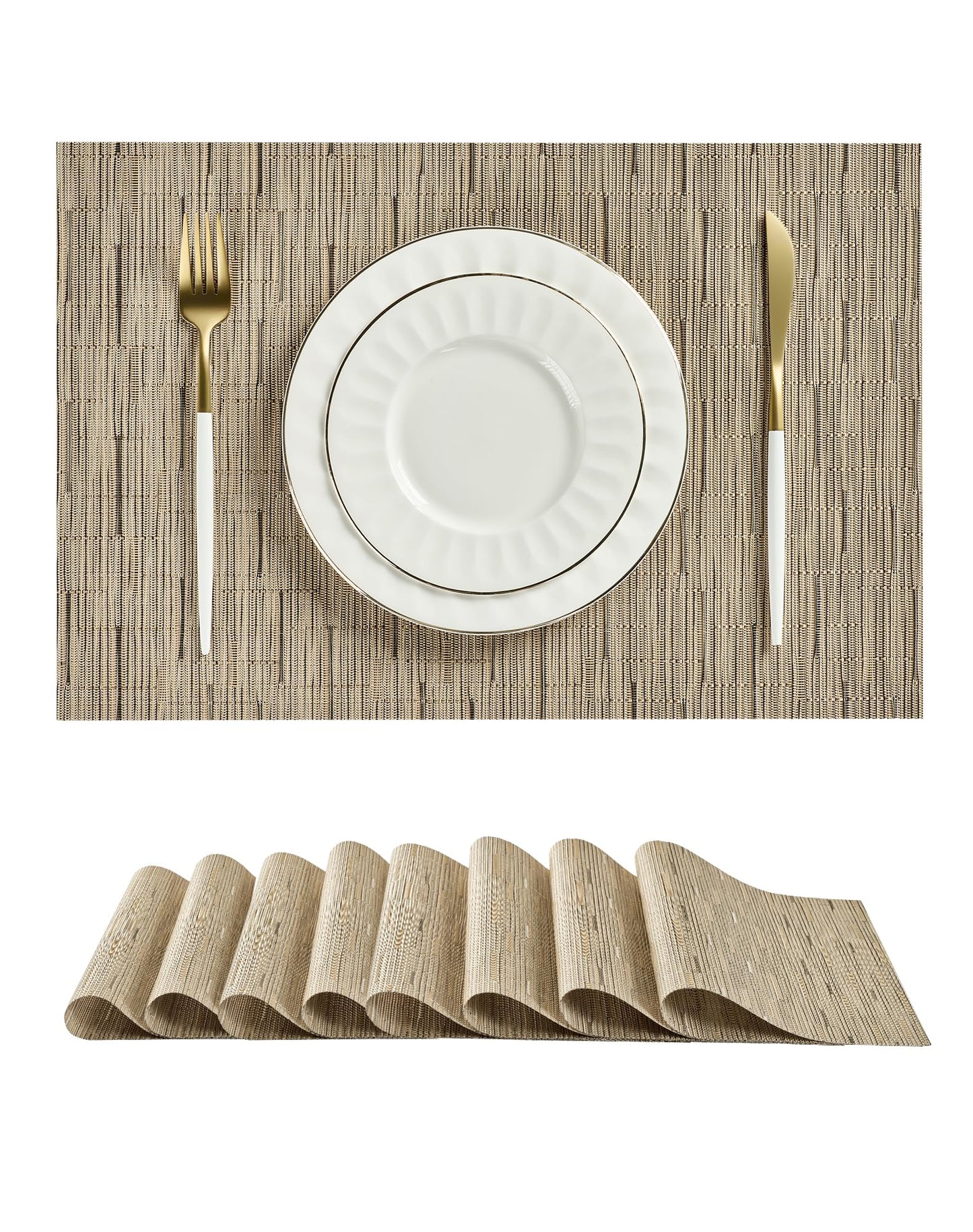Leetaltree Light Brown Placemats Set of 8 - Heat Resistant Non-Slip Place mats for Dining Table, Washable Durable PVC Vinyl Woven Table Mats（Light Brown, 8）