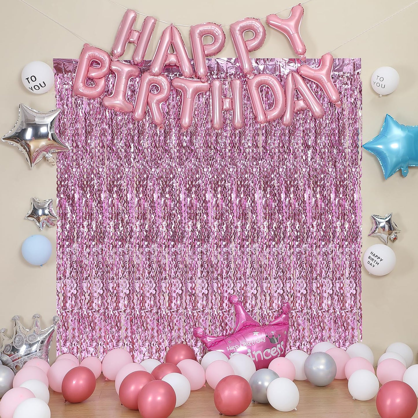 Pink Foil Fringe Curtain - Wavy Fringe Backdrop 3.3 x 6.6 Feet, Pack of 3 | Pink Streamers Party Decorations Birthday Decorations Valentine's Day Decoration Party Supplies