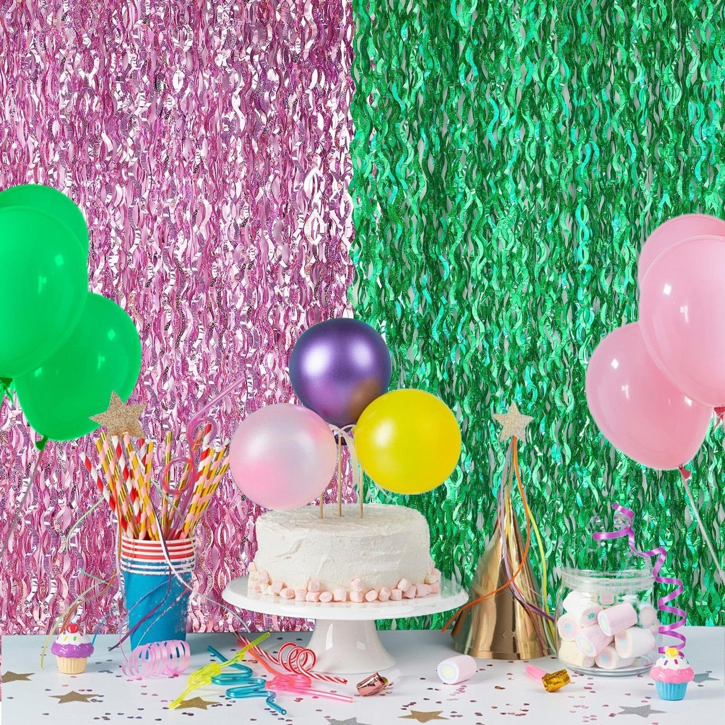 kaiolbly 6 Pack Pink and Green Foil Fringe Curtain, Wavy Photo Metallic Tinsel Background for Witch Birthday Party Decoration Bachelorette Wedding Streamer Backdrop Theme Supplies