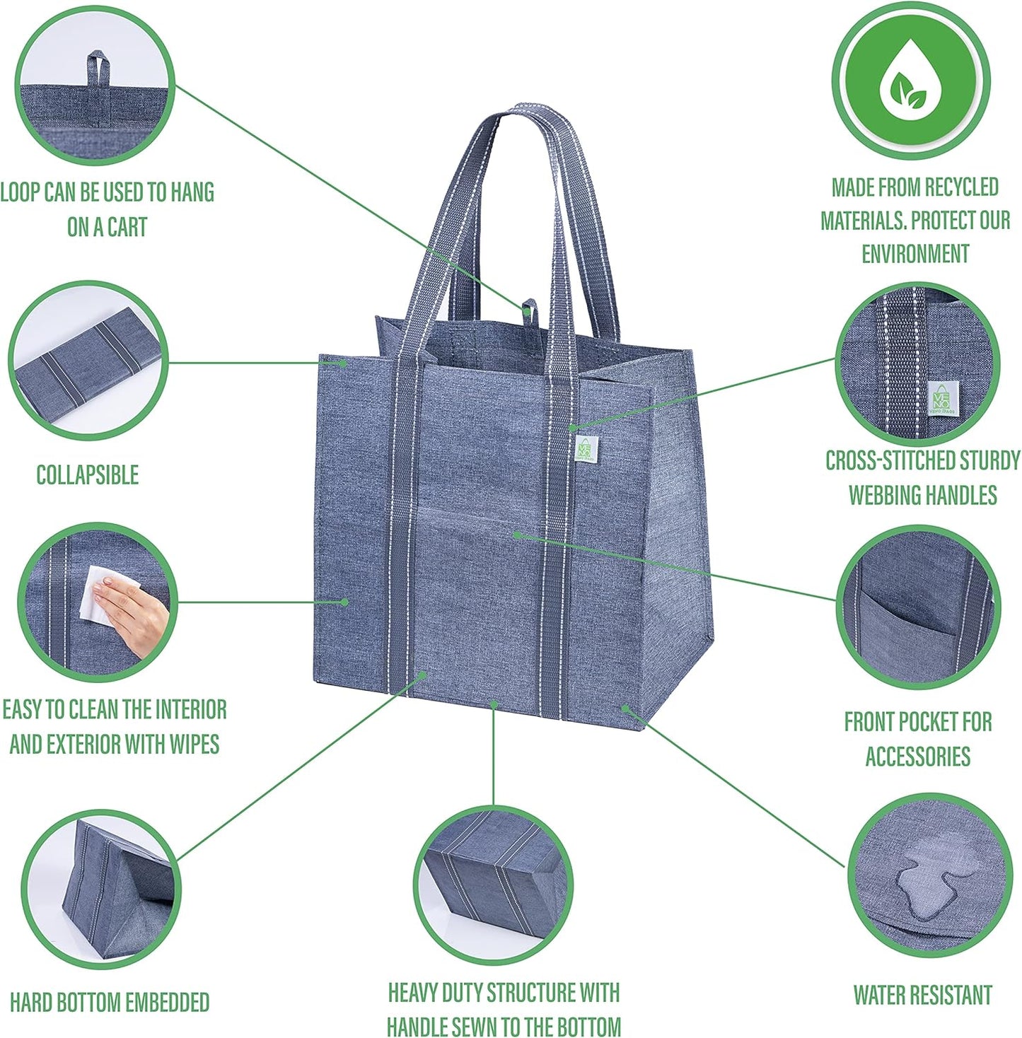 VENO Reusable Grocery Bags - Heavy-Duty Shopping Bags with Handles | Foldable, Hard Bottom, Gray (4 Pack)