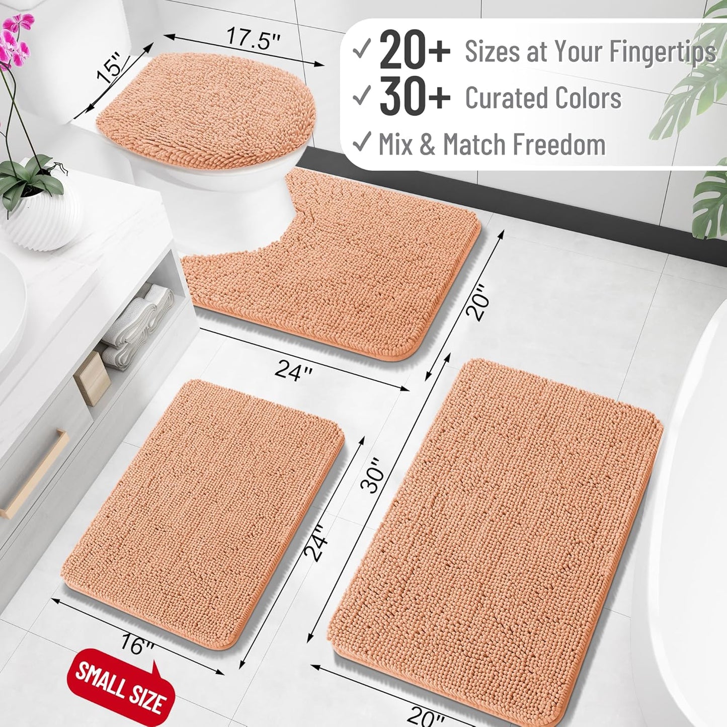 OLANLY Bathroom Rugs - Extra Soft Chenille Bath Mats | Quick-Dry, Machine Washable, 36x24, Peach