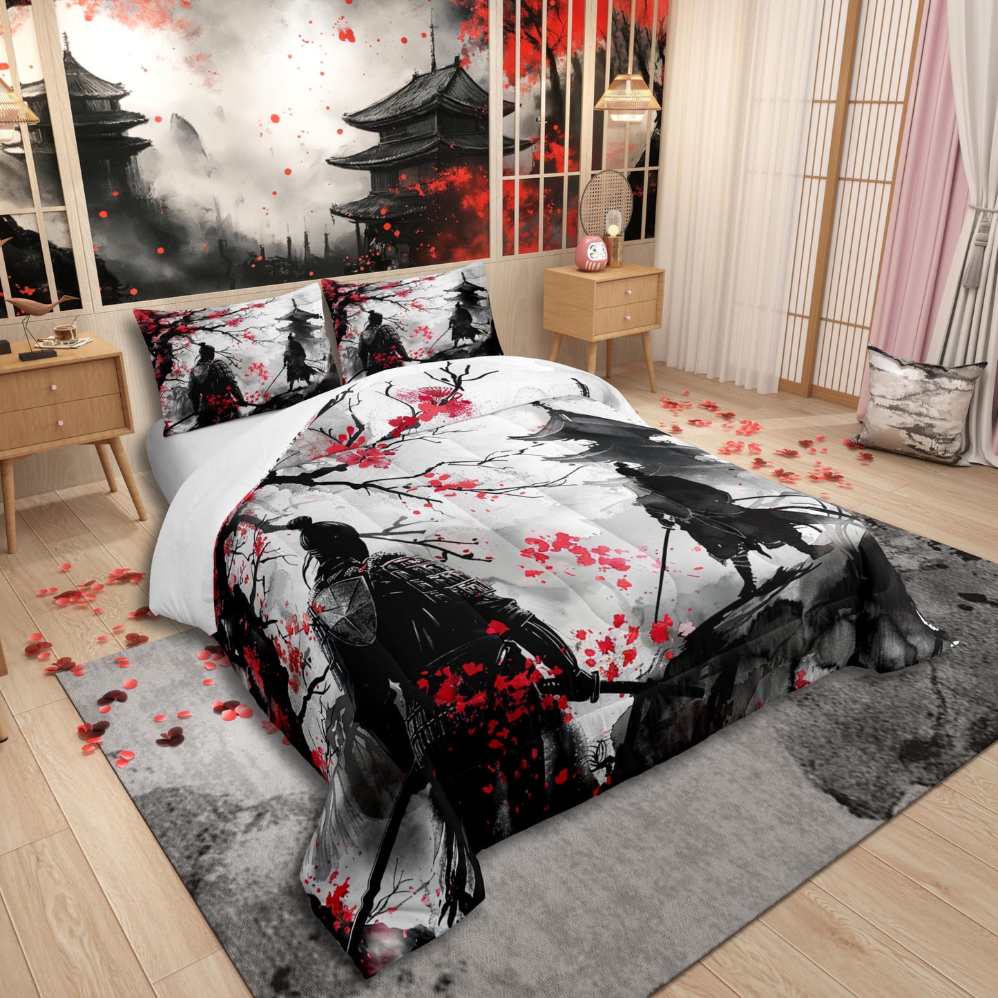 Feelyou Japanese Samurai Comforter Set Queen Size Kids Ukiyoe Comforter for Boys Girls Cherry Blossoms Bedding Set Japanese-Style Duvet Set