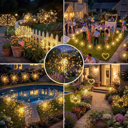 Fairdeer Solar Firework Lights Outdoor 2 Pack, 120LED Starburst Garden Lights Solar Powered with 8 Lighting Modes, Waterproof Decorative Lights for Flower Beds, Walkways, Small Garden & Patio Decor