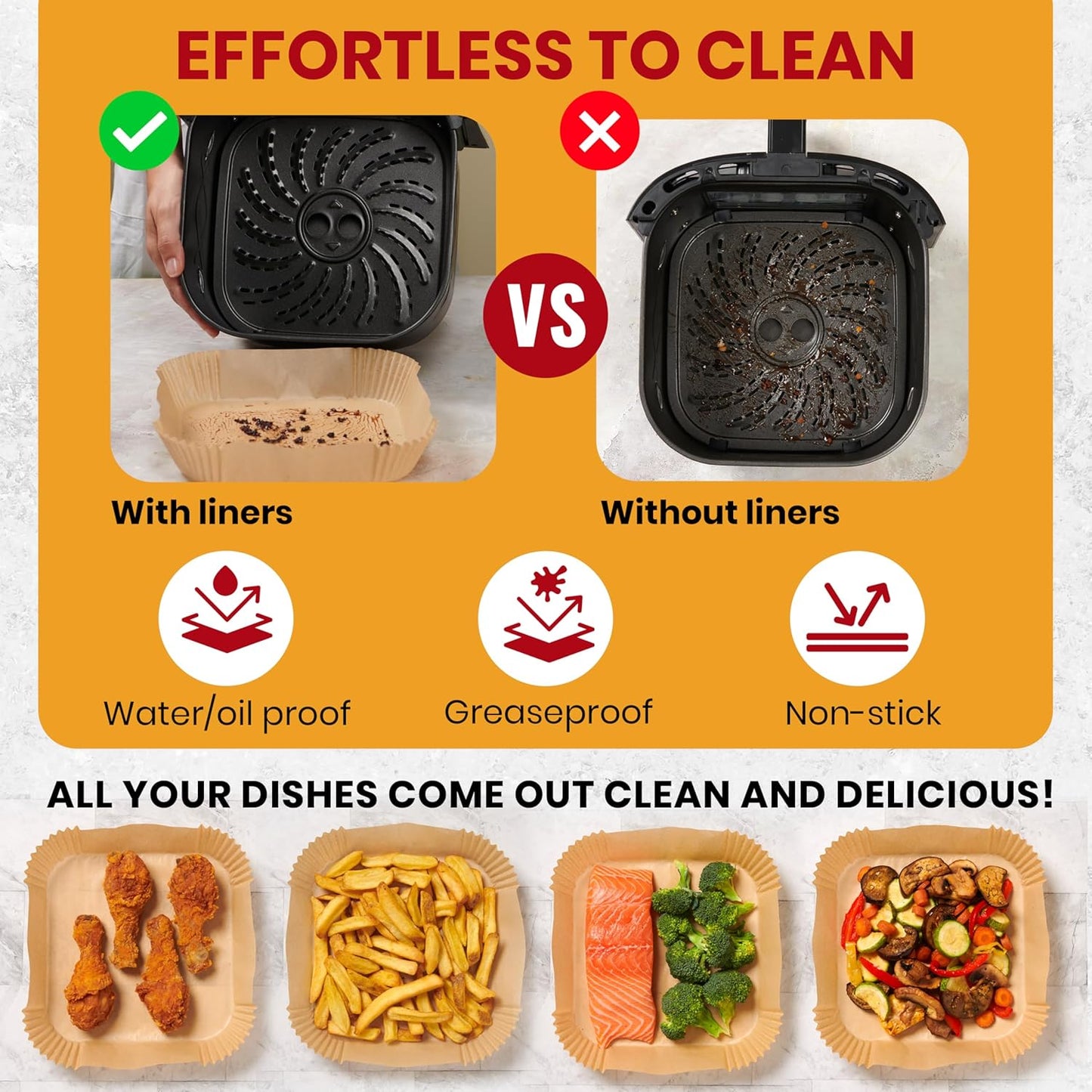Skiennix Air Fryer Disposable Liners - Non-Stick & Oil Proof for Easy Cleanup | 125 Pcs, 8” Square for 5-8 Qt Basket