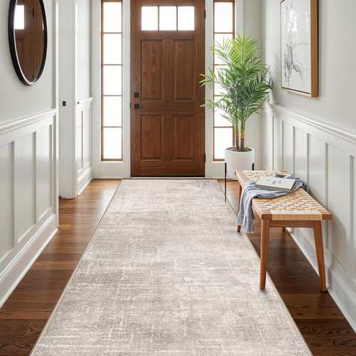 **Regine Switzerland Washable Runner Rug - Stain Resistant Abstract Design | Soft Non-Slip 4x10 Beige/Cream**