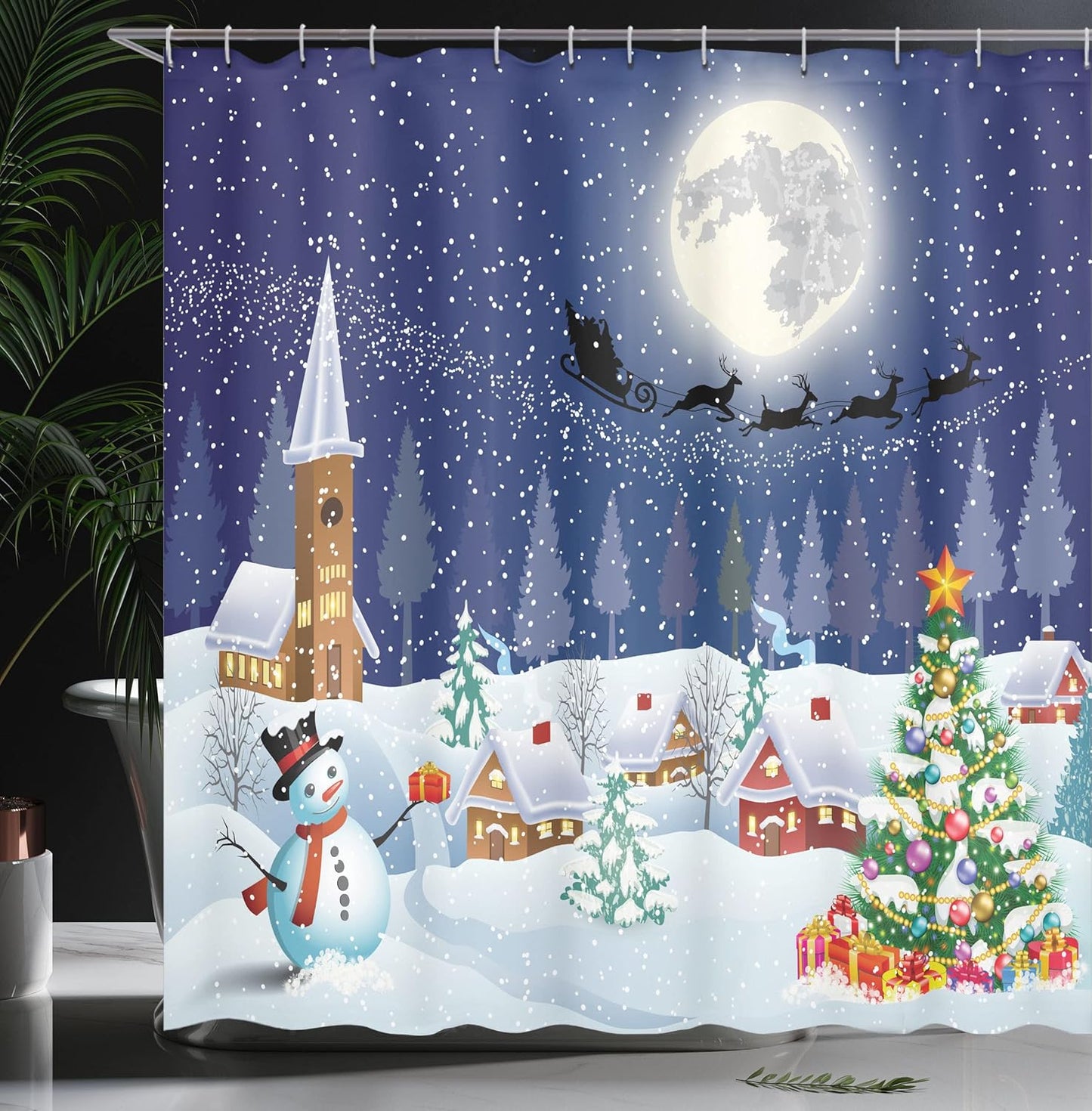 Christmas Shower Curtain with Snowman & Santa Sleigh - Winter Decor Set, 69" x 70" - Fabric with Hooks