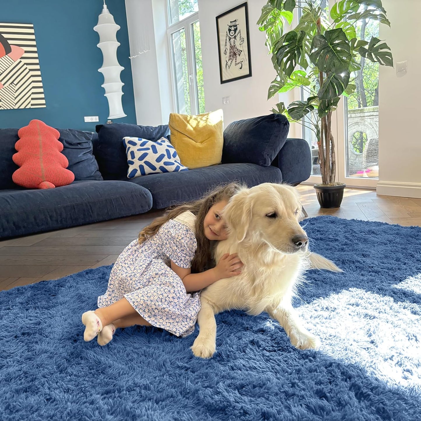 OLANLY Area Rugs - Soft Fluffy Shaggy Indoor Carpet for Living Room & Bedroom | 4x5.9 ft, Blue