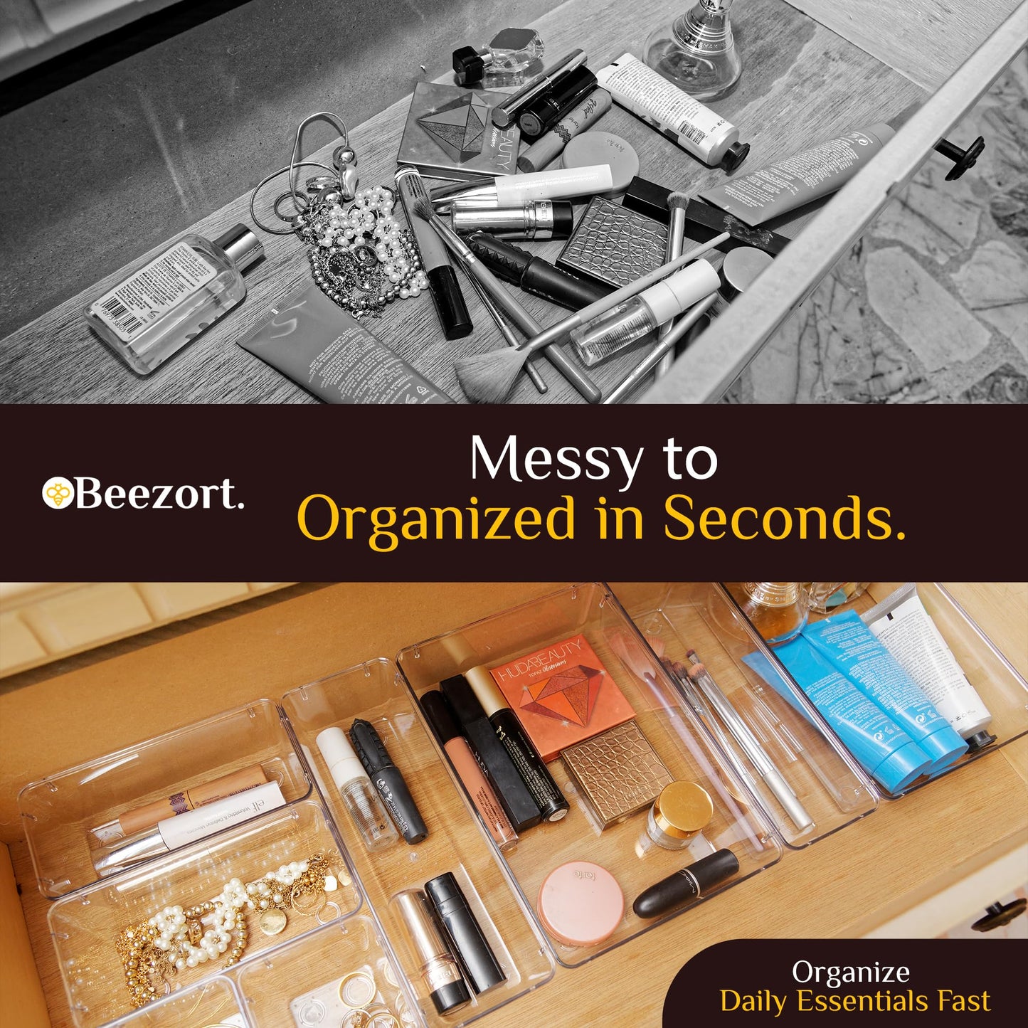 Beezort 40 PCS Clear Drawer Organizer Set, BPA-Free PET Plastic Trays with Non-Slip Pads, Nesting Storage Organizers for Kitchen Drawer, Bathroom, Vanity Makeup, Office Desk