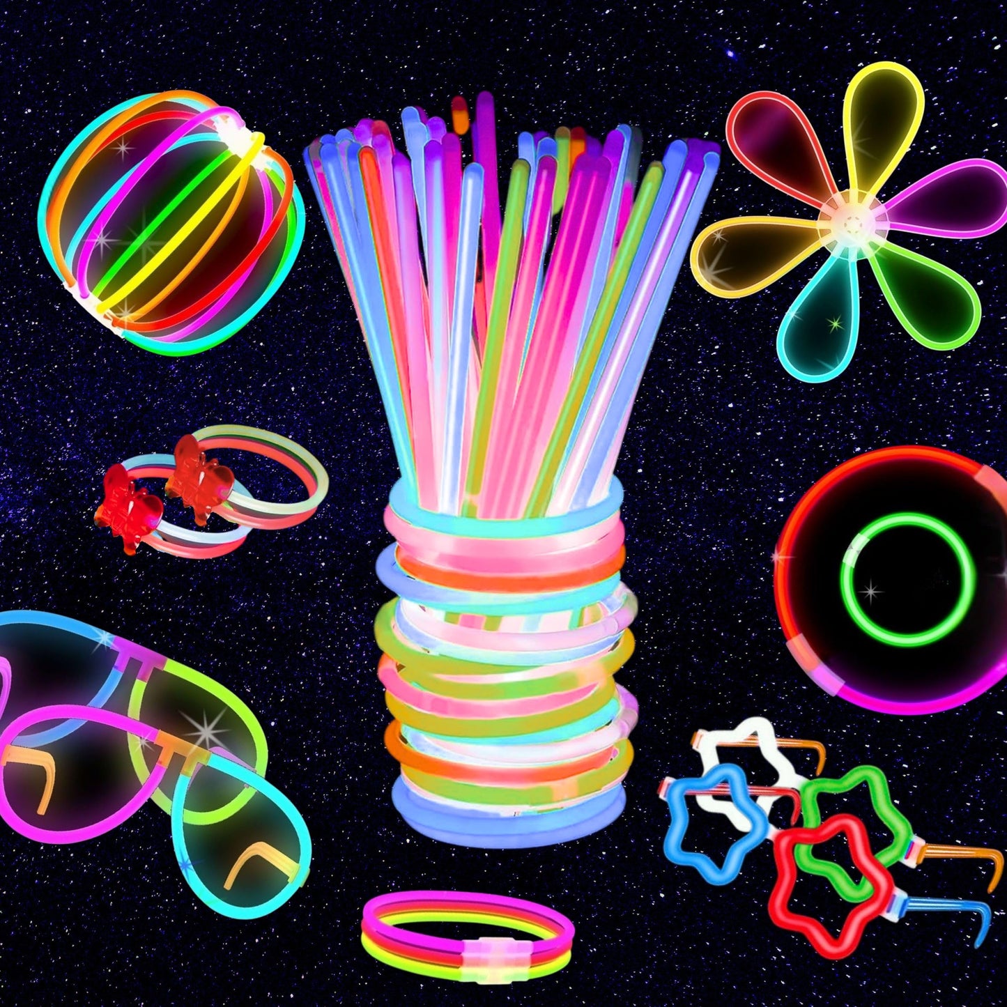 PartySticks Ultra Bright Bulk Party Supplies 367 Piece Glow in The Dark 150 Glow Sticks with Eye Glasses, Bracelets, and Connectors - Light Up Halloween Party Favors