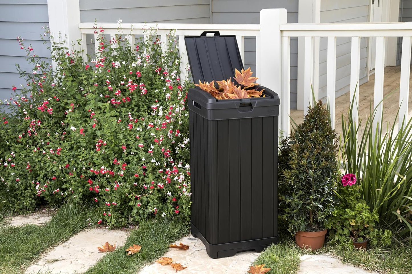 Keter Baltimore 38 Gallon Outdoor Kitchen Trash Can - Resin with Lid & Drip Tray for Easy Cleaning | Black