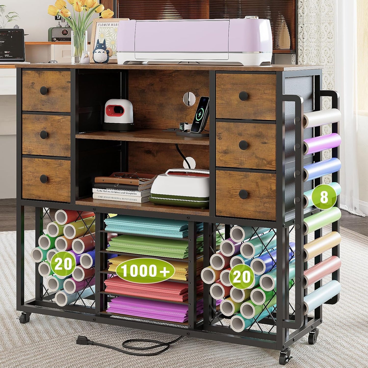 VENNQD Craft Cart - Cricut-Compatible Table with Charging Station & 48 Vinyl Roll Holders | Rustic Brown