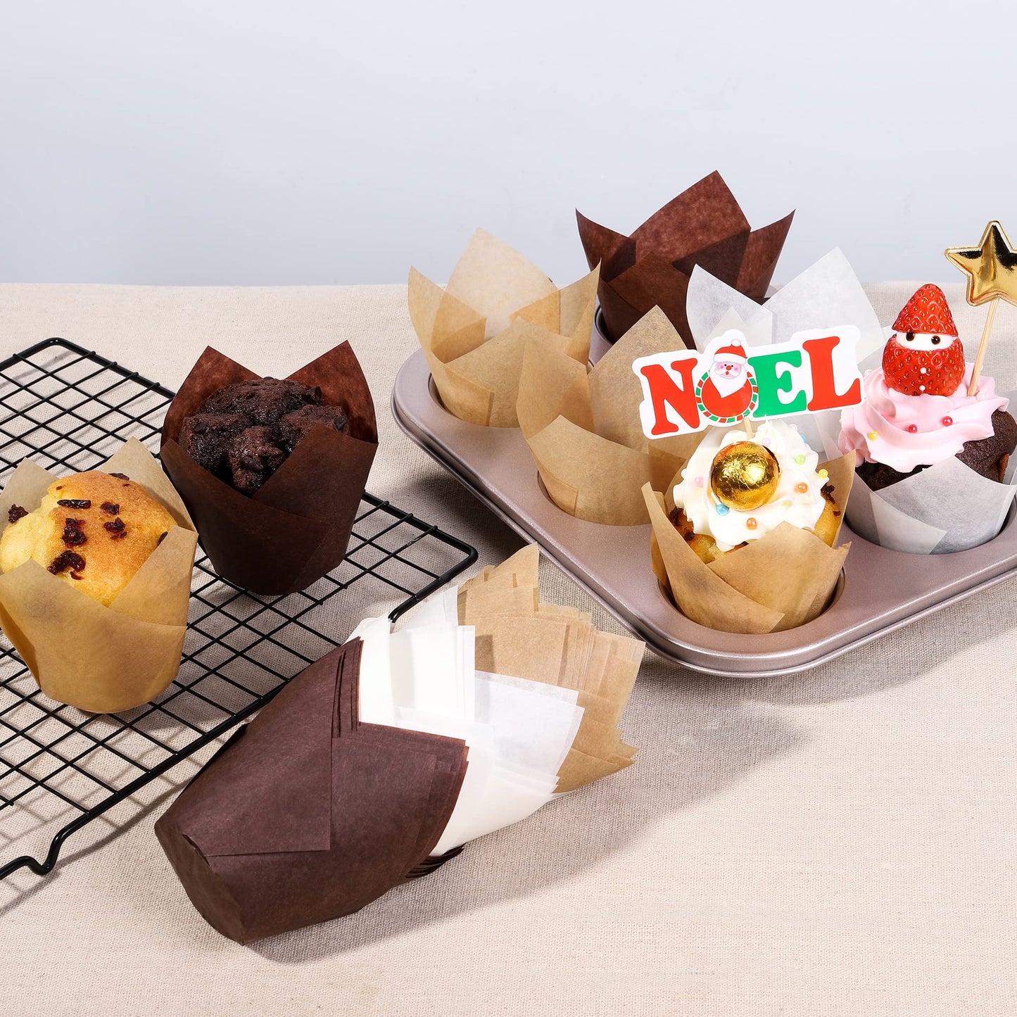 Bake Choice 200pcs Brown Tulip Cupcake Liners for Baking Cups European Parchment Paper Tulip Muffin Liners, Nordic Paper Cupcake Wrapper for Party, Christmas, Standard Size