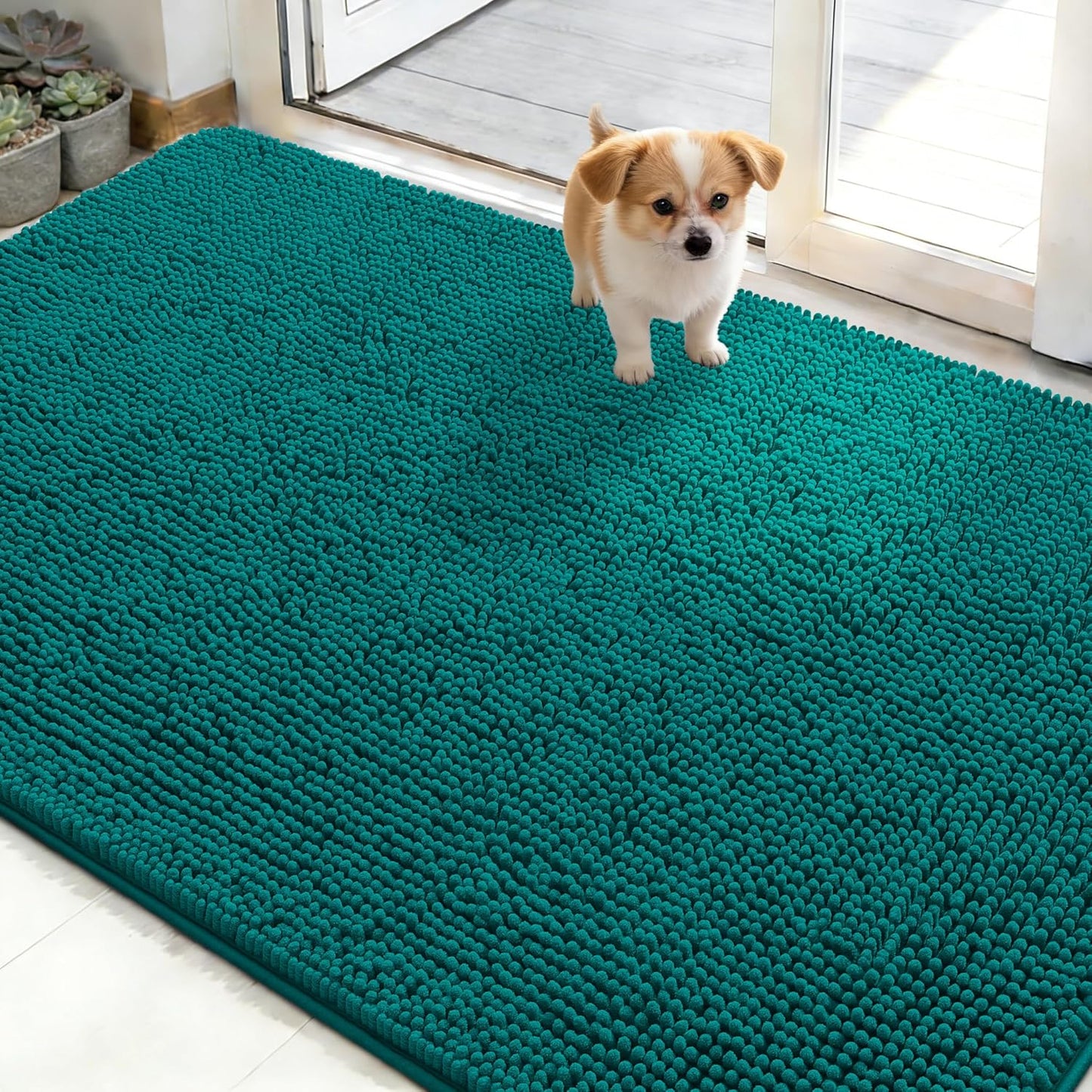 OLANLY Dog Door Mat - Absorbent Non-Slip Chenille Mat for Muddy Paws | 48x30, Quick Dry, Lake Blue