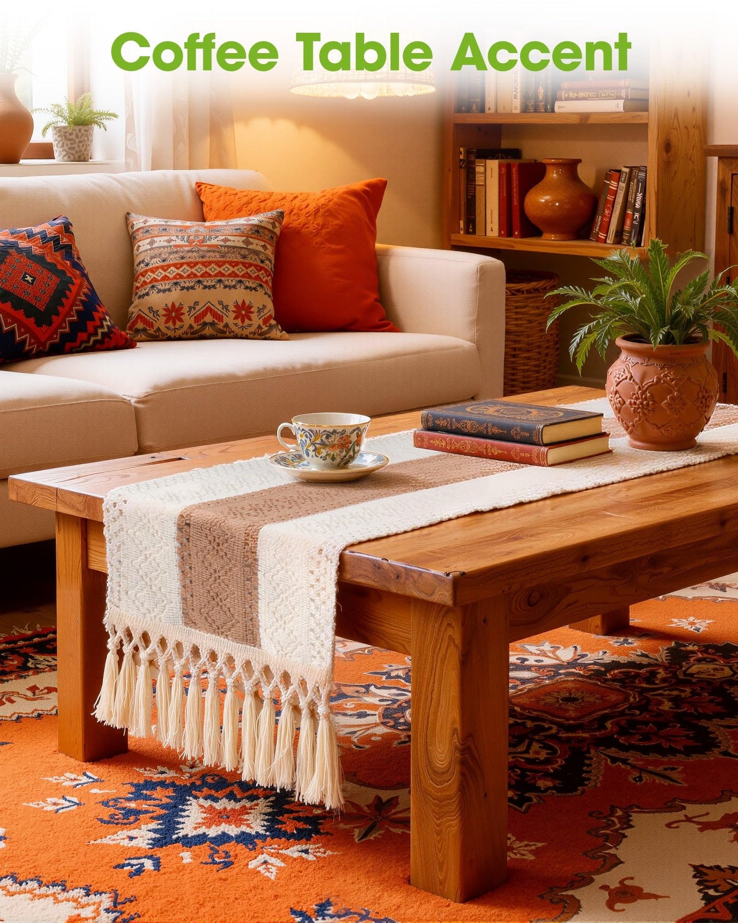 Pureegg Farmhouse Boho Table Runner - 72 Inches, Linen-Textured Woven Tassel Design for Dining Table Decor, Kitchen, Coffee Table & Living Room, 12 x 72 Inch, Brown