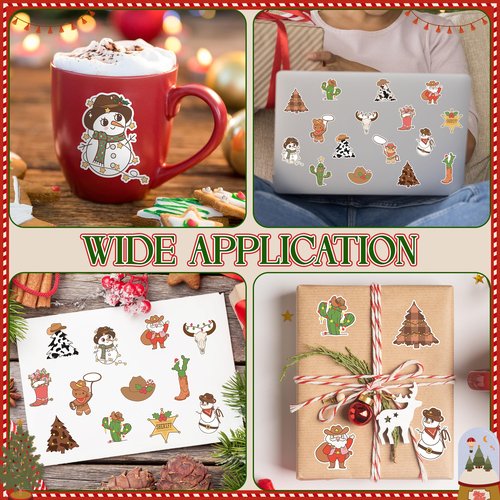 CNhoqc Christmas Cowboy Sticker Rolls - 1000Pcs Cartoon Western Cowboy Stickers, Cactus Snowman Santa Claus Design, Fade-resistant Vinyl Decals for Kids Boys Water Bottle Christmas Gift Party Supllies