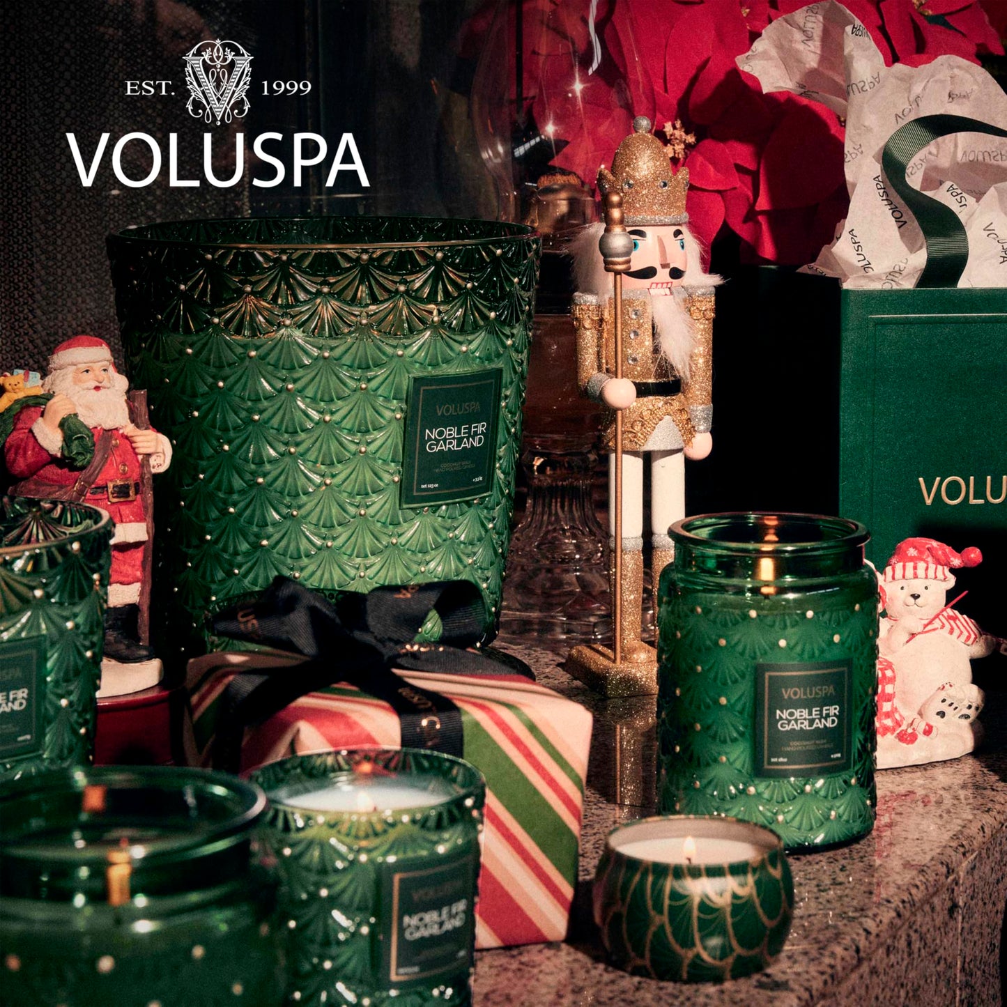Voluspa Noble Fir Garland, Large Candle Jar, 18oz, Coconut Wax Blend, Christmas Scented Candles for Home, 100 Hour Burn Time, Handcrafted in The USA