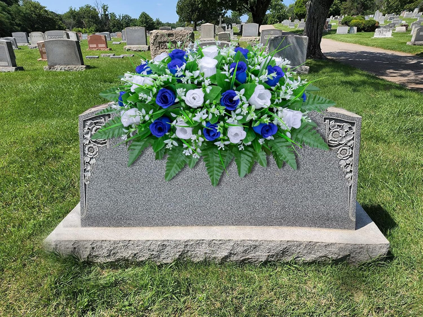 LVXINLI Artificial Cemetery Flowers - Saddle-Shaped Tombstone Decorations | UV-Resistant Blue & White