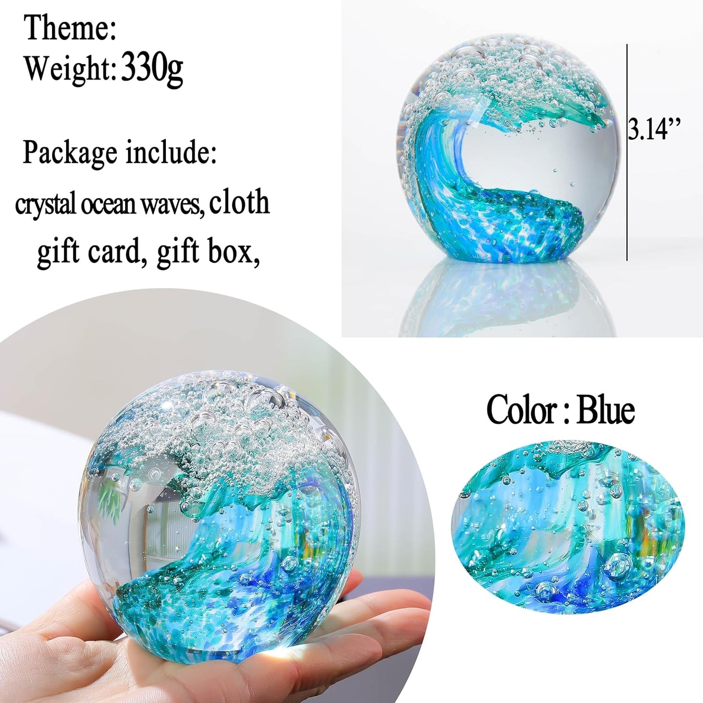 Qianwei Hand Blown Ocean Waves Crystal Ball - Unique Glass Collectible Figurine | Stunning Aquarium Decor
