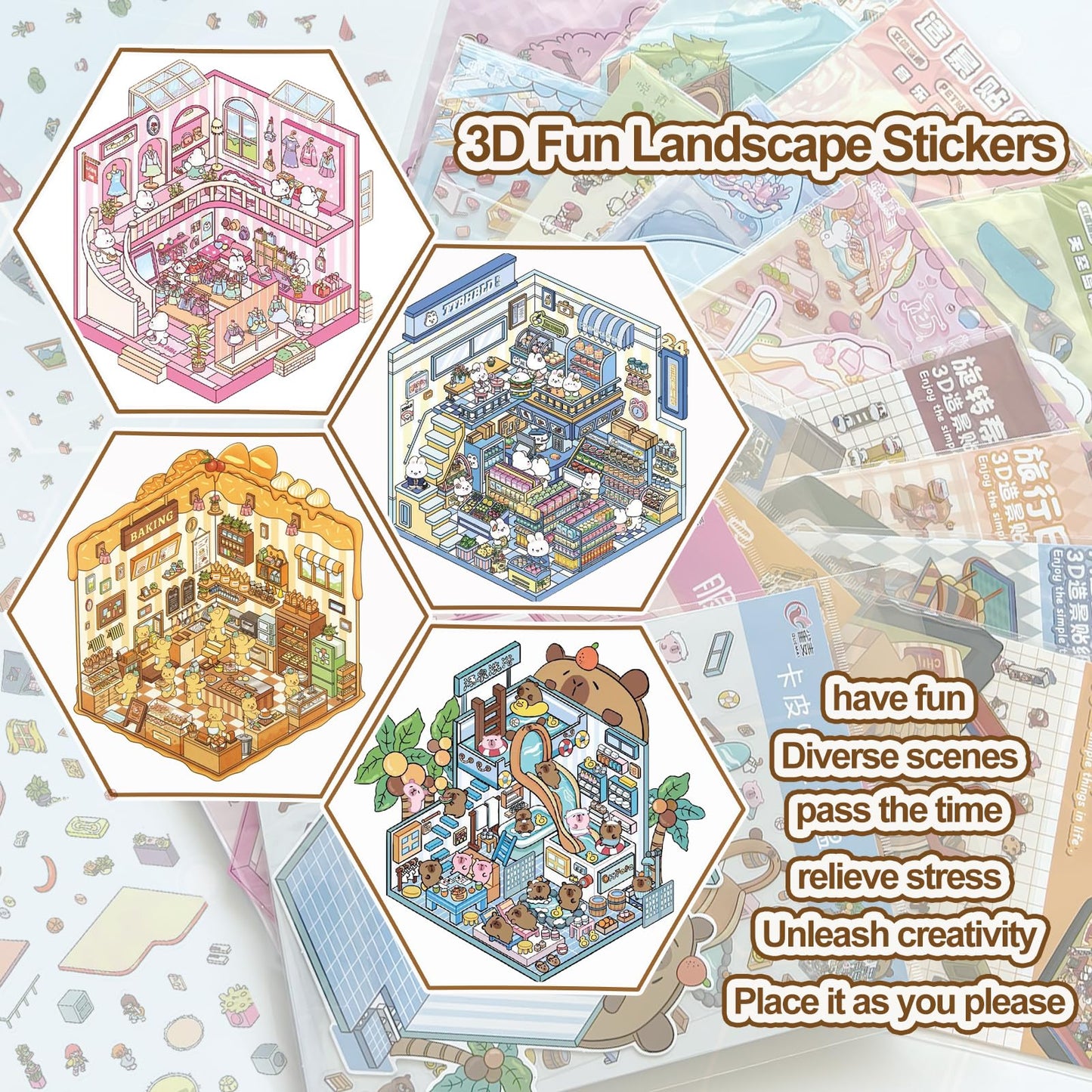 Miniature DIY 3D House Sticker Scene - 16 Sets Fun 3D Stickers for Adults Kids Relief Stress Pass The Time