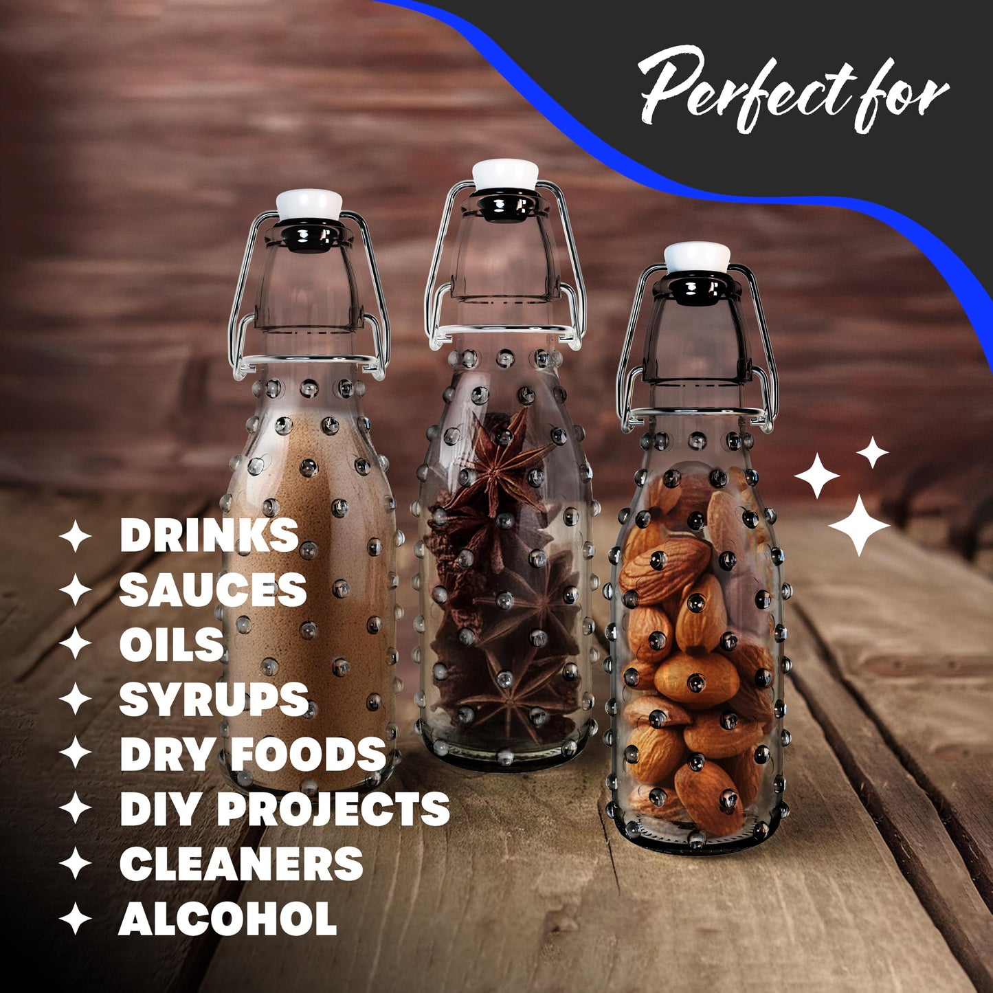 Nevlers 8.5 Oz Dotted Swing Top Glass Bottles | 12 Pack Flip Top Glass Bottle with Lids | Reusable Airtight Kombucha Bottles | Syrup Bottle Set | Bottling Kit for Homemade Drinks, Juices, Fermenting