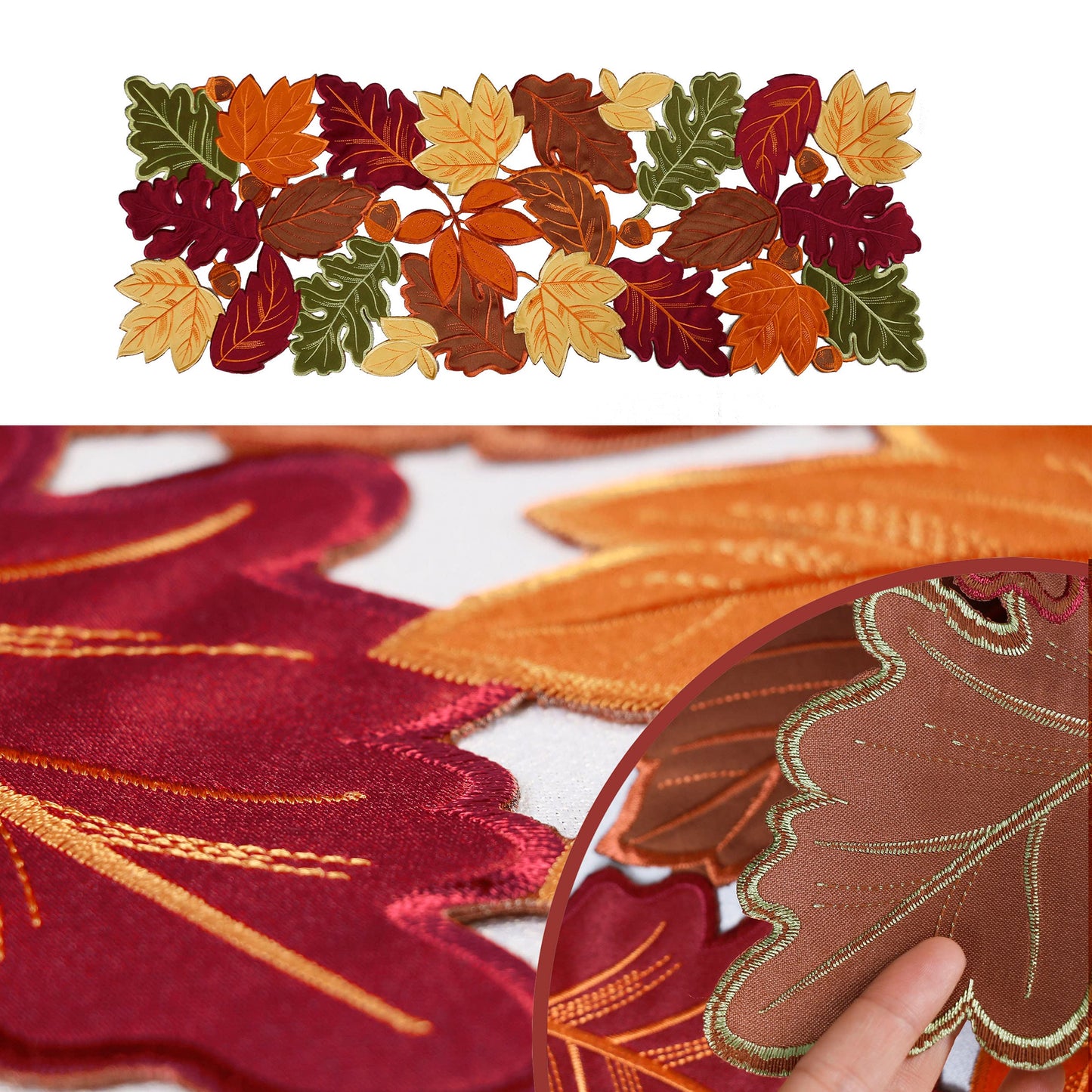 OWENIE Fall Table Runner - Thanksgiving, Farmhouse Embroidered Maple Leaves, 13 x 54 Inch, Orange