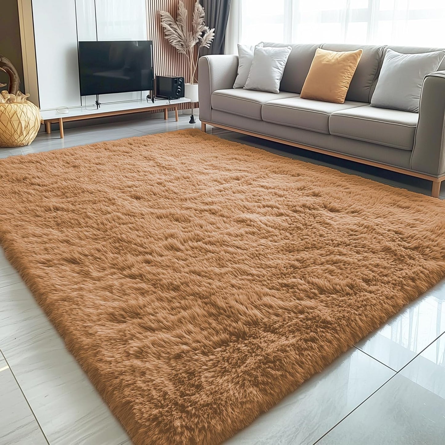 OLANLY Large 5x7 Machine Washable Area Rug - Soft Fluffy Shaggy Carpet for Living Room & Bedroom | Khaki