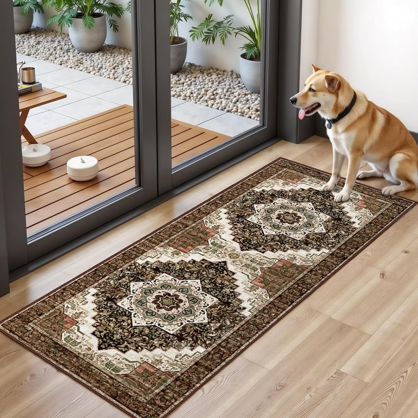 Tritard Non-Slip Kitchen Rugs Set of 3 - Washable Boho Vintage Mats for Indoor Entryway | Brown