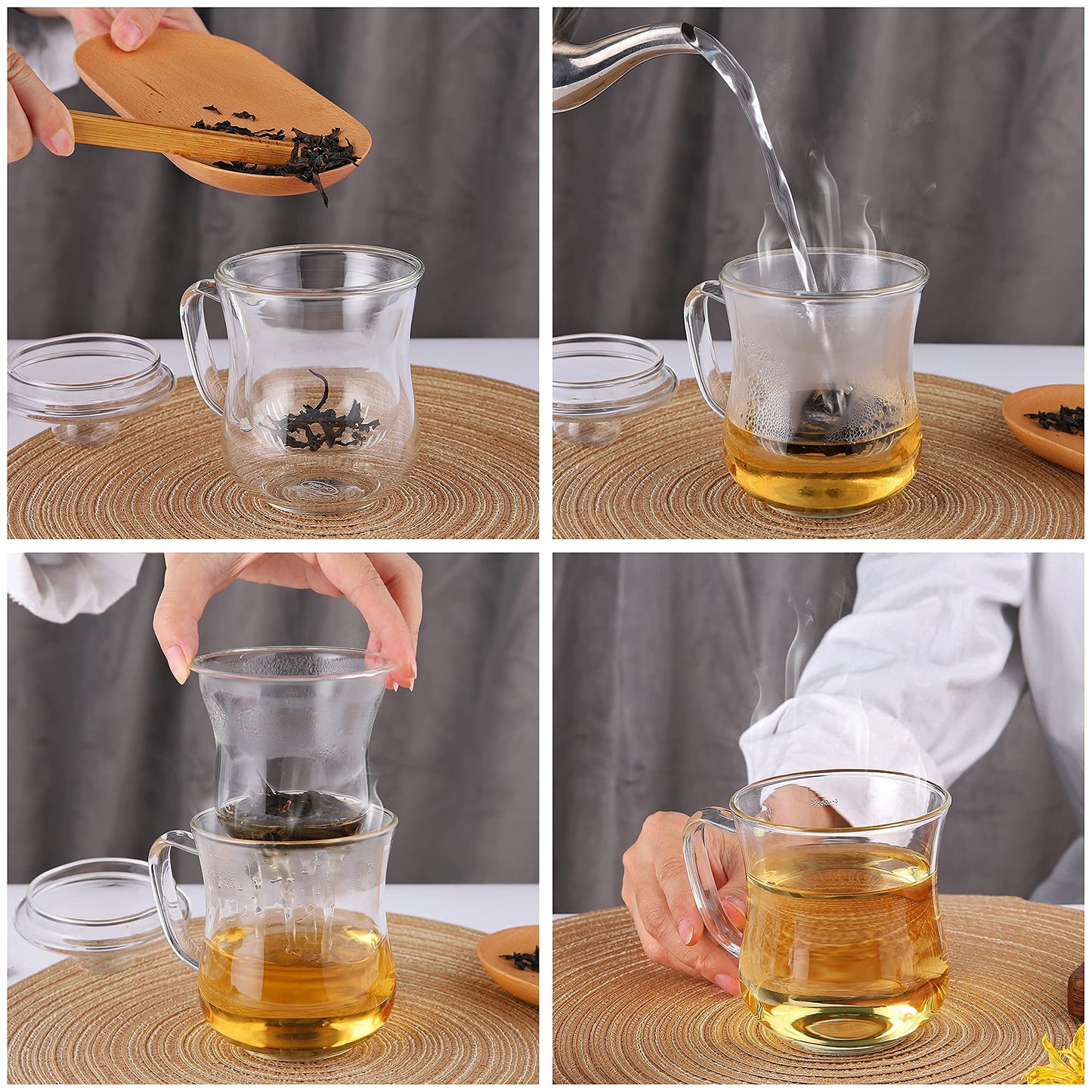 CNGLASS Glass Tea Cup with Removable Infuser and Lid,10oz Thickened Glass Infuser Mug,Borosilicate Glass Mug for Loose Leaf Tea,Teabags
