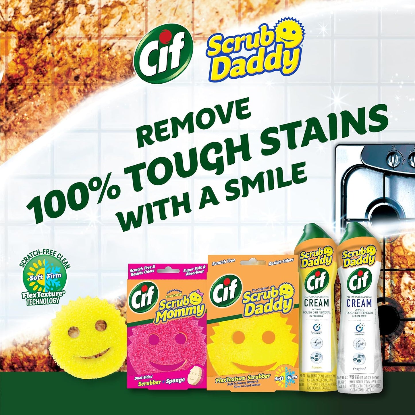 Scrub Daddy Sponges & Cif All-Purpose Cleaner - Non-Scratch Kitchen & Bathroom Cleaning Kit