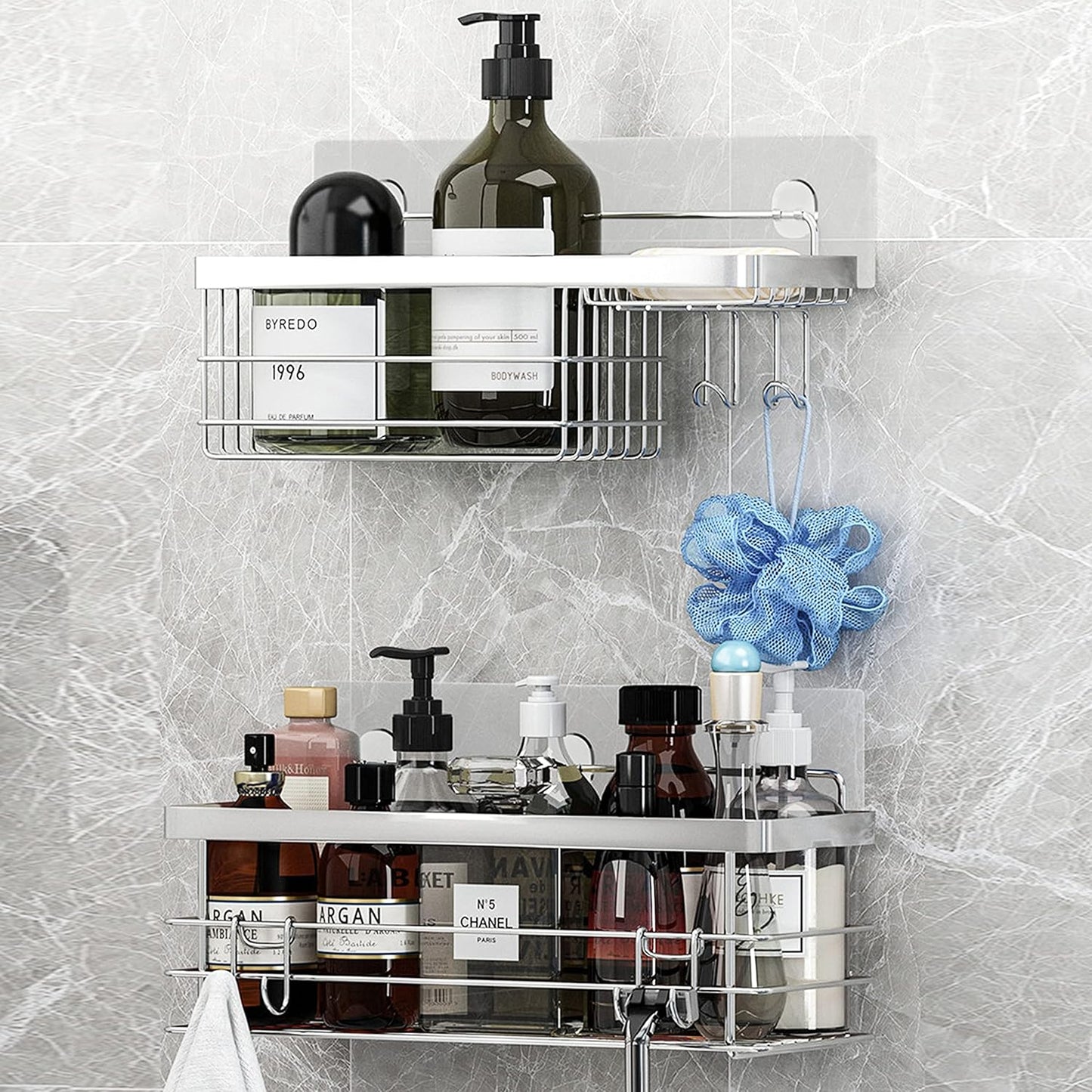KESOL Shower Caddy - Wall-Mounted Organizer with Hooks | Rustproof SUS304 Stainless Steel (2 Pack) - Silver