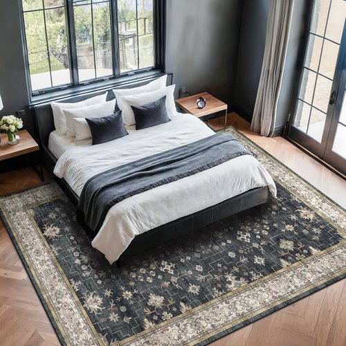 Hazo Haus Boho Area Rug - Washable 7x9 Black Dining Room Rug | Non-Slip Low Pile for Farmhouse Decor